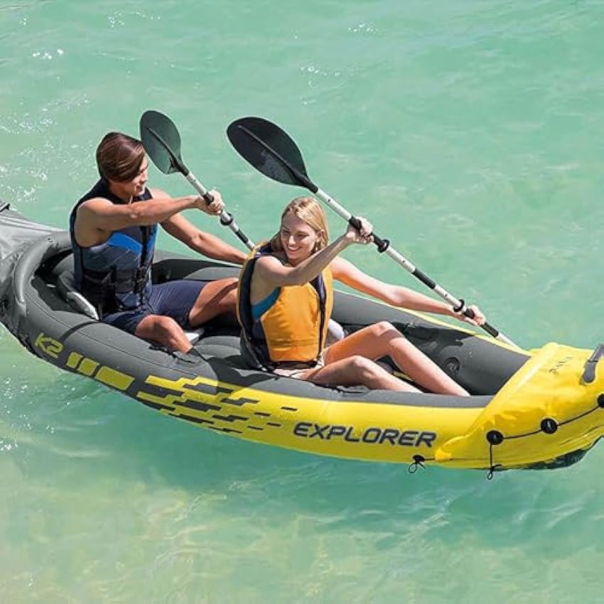 Intex 68307EP Explorer K2 Inflatable Kayak Set: Includes Deluxe 86in Aluminum Oars and High-Output Pump – SuperStrong PVC – Adjustable Seats with Backrest – 2-Person – 400lb Weight Capacity