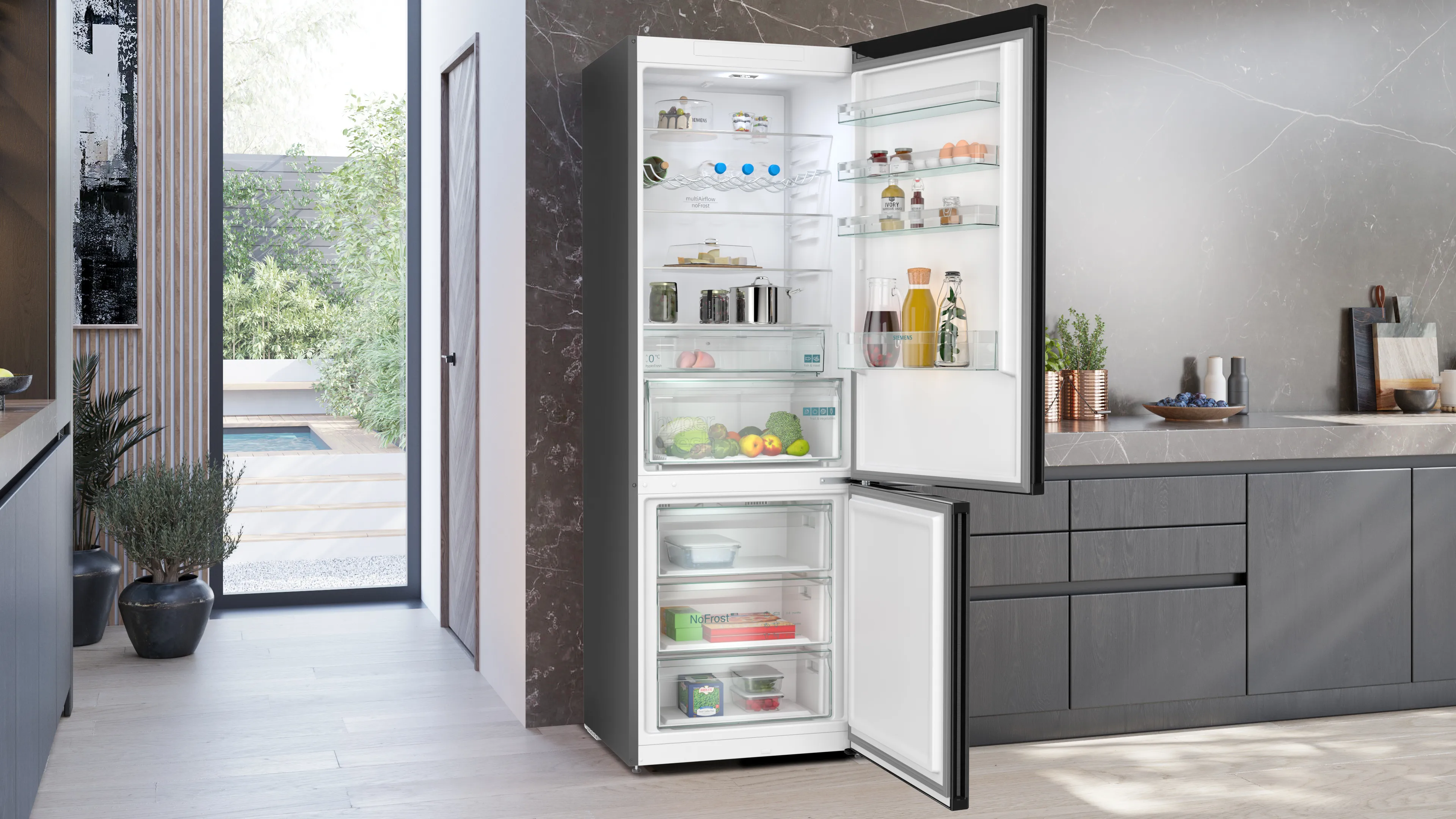 SIEMENS KG49NXXCF iQ300 Free-standing fridge-freezer with freezer at bottom 203 x 70 cm Brushed black steel antiFingerprint. Total noFrost