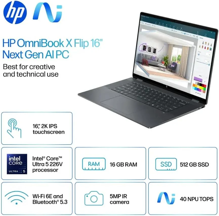 HP OmniBook X Flip 2-in-1 Copilot+ AI PC Laptop, 16