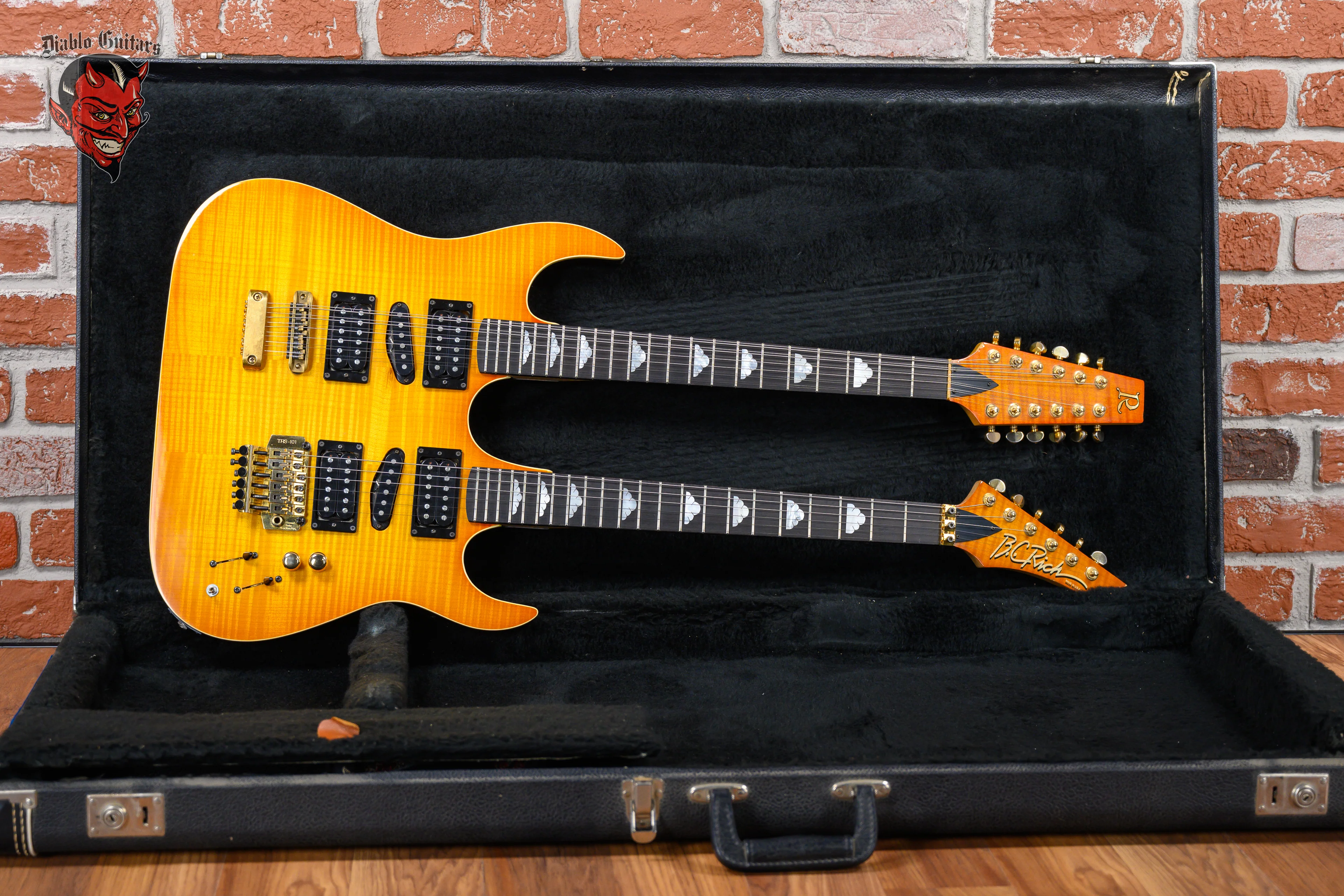 B.C. Rich Vintage 1987 Gunslinger Double Neck 6/12 with Flame Maple Top Amber Sunburst with OHSC