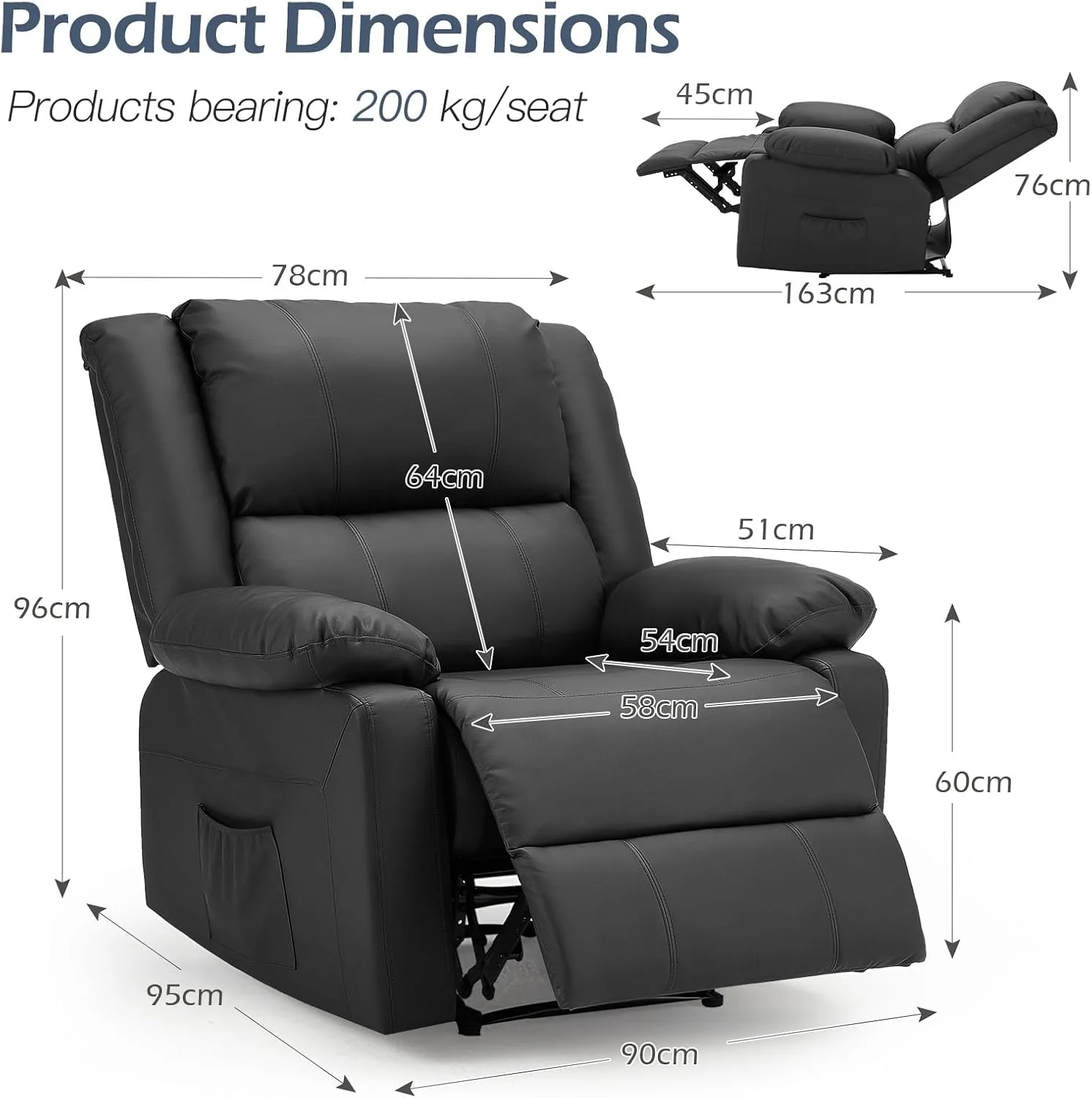 UNIONLINE lounge chair, an ergonomic TV armchair that can weigh up to 150 kilograms, a modern single artificial leather armchair with manual control, side pockets, and feet (black)