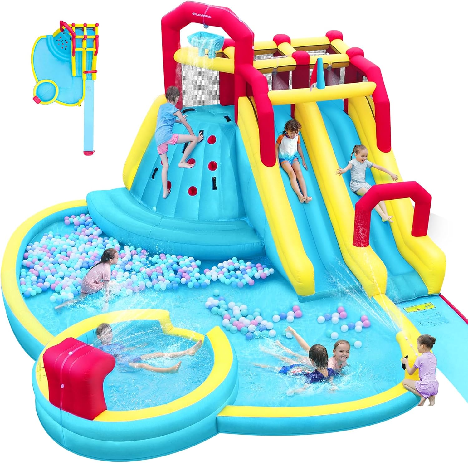 ELEMARA XL Inflatable Water Slides for Kids Backyard,Giant Water park with Long Slip Splash and Slide,Double Slides for Kids and Adults with 750W Blower,Climbing Wall,Deep Pool,Water Canon for Outdoor