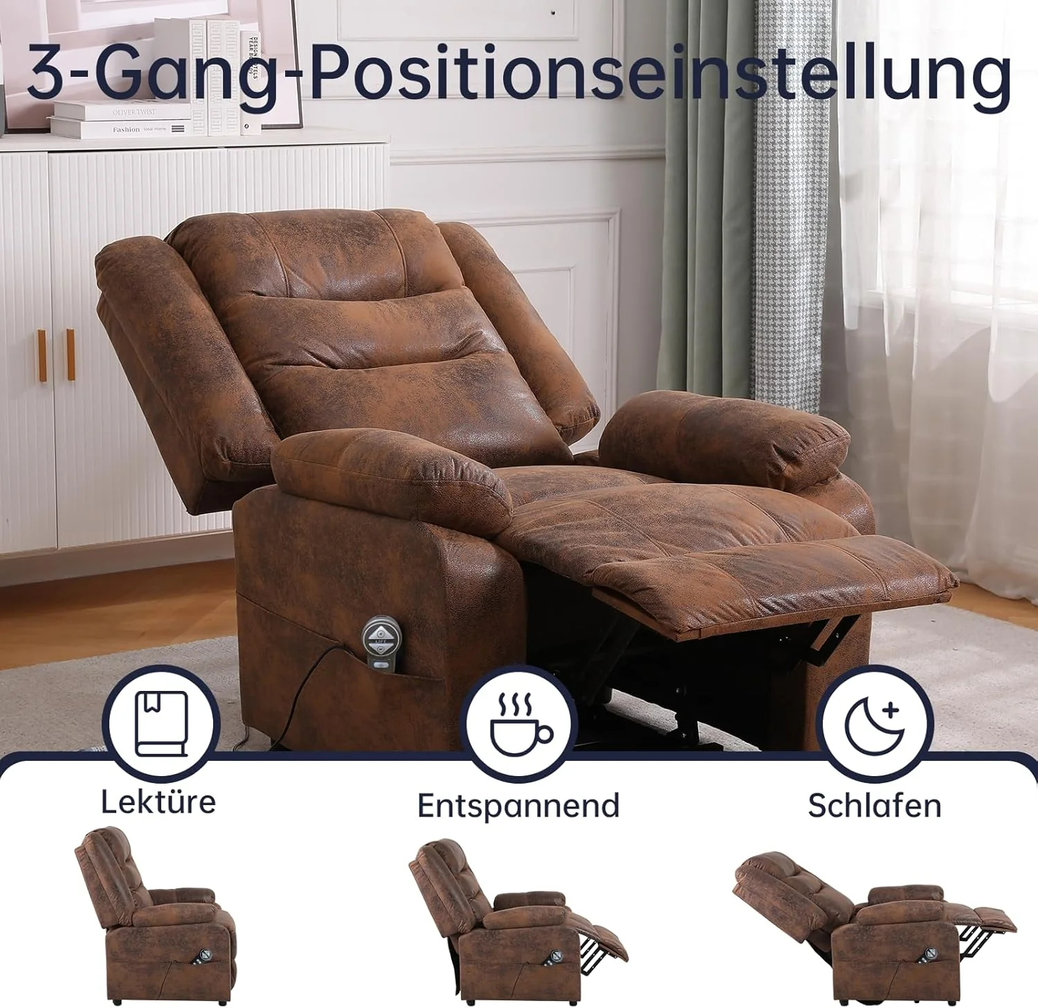 Electric TV chair with standing assistance, massage chair with heating function, adjustable remote control with lying function, sleep function and foot, weighing 220 kilograms, brown suede