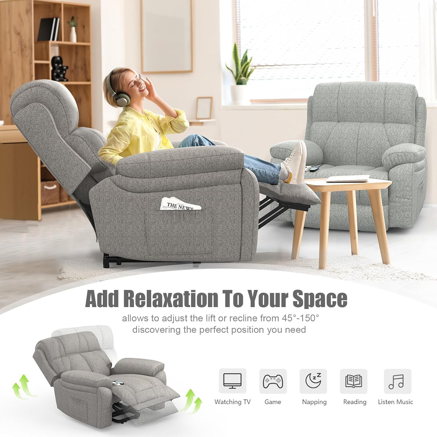 TV armchair, relaxation armchair, electric massage chair, with lounge chair function, standing assistance, massage heating, foot part, 2 side pocket drink racks, C-shaped and USB ports, lounge chair TV armchair living room