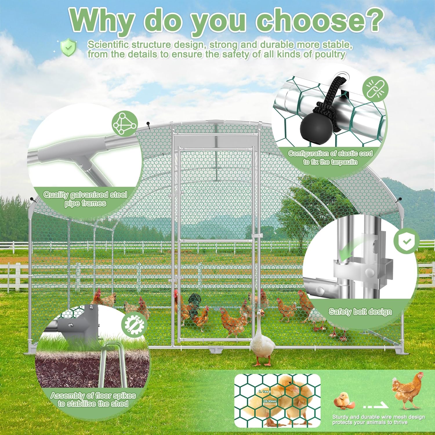 Hühnerstall 3x8m Metall Freilaufgehege Freigehege, Geflügelstall Kleintiere, Verzinkter Stahlrahmen mit PE Dach, Bogenaufsatz