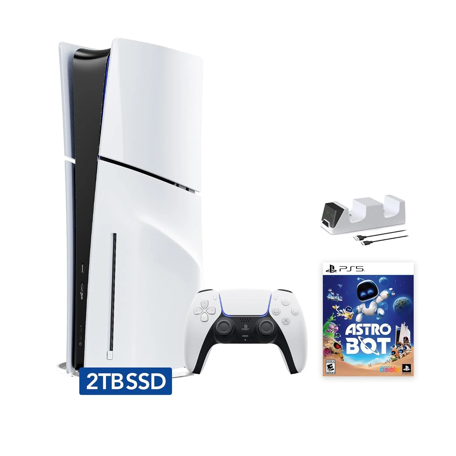 Sony PlayStation 5 Slim Disc 2TB SSD Edition Bundle with Astro Bot and C-Gamers Dual-Controller Charger - PS5 Upgraded with 2TB Ultra Fast SSD, White