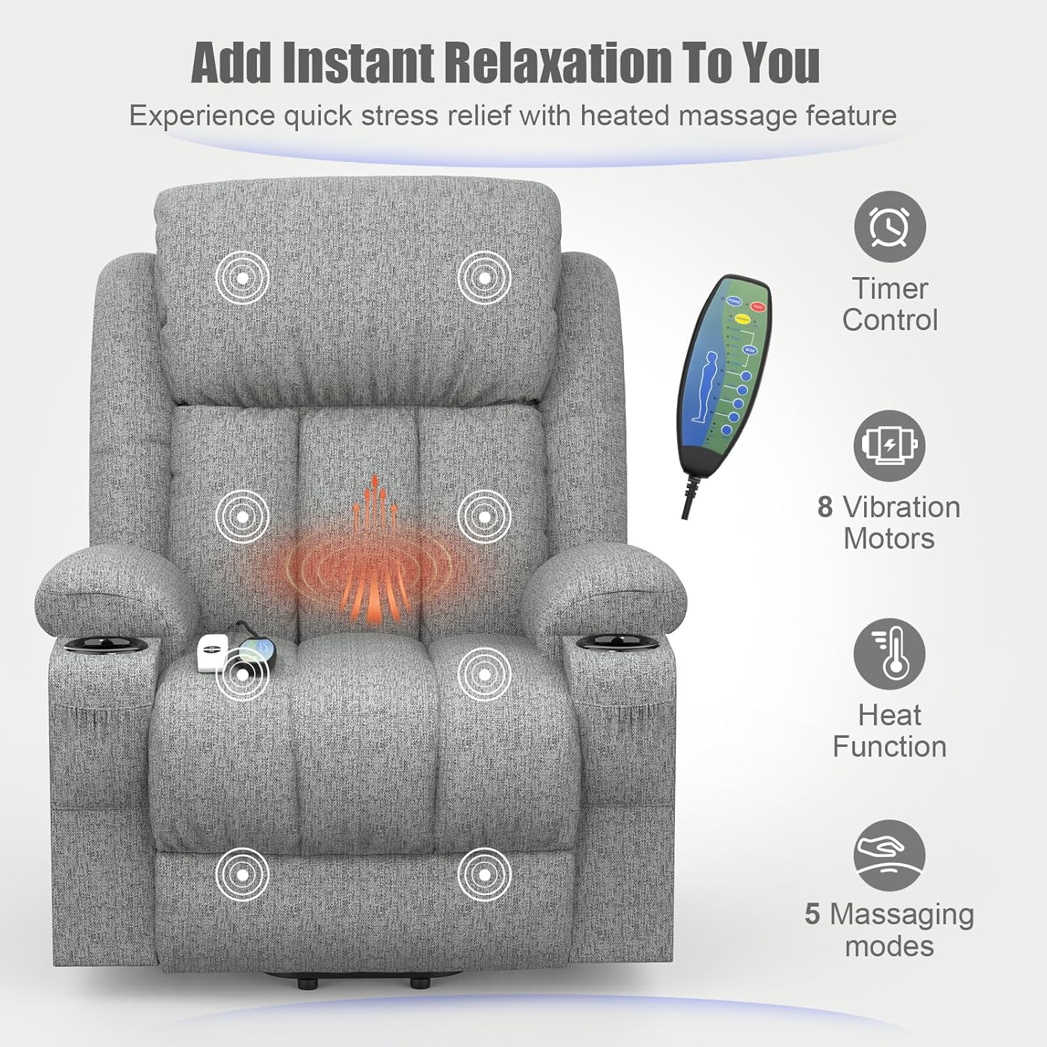TV armchair, massage armchair, electric relaxation armchair with lounge chair function, stand up assist, massage heating, foot section, beverage rack, 4-side pocket, C-shaped and USB interface TV armchair lounge