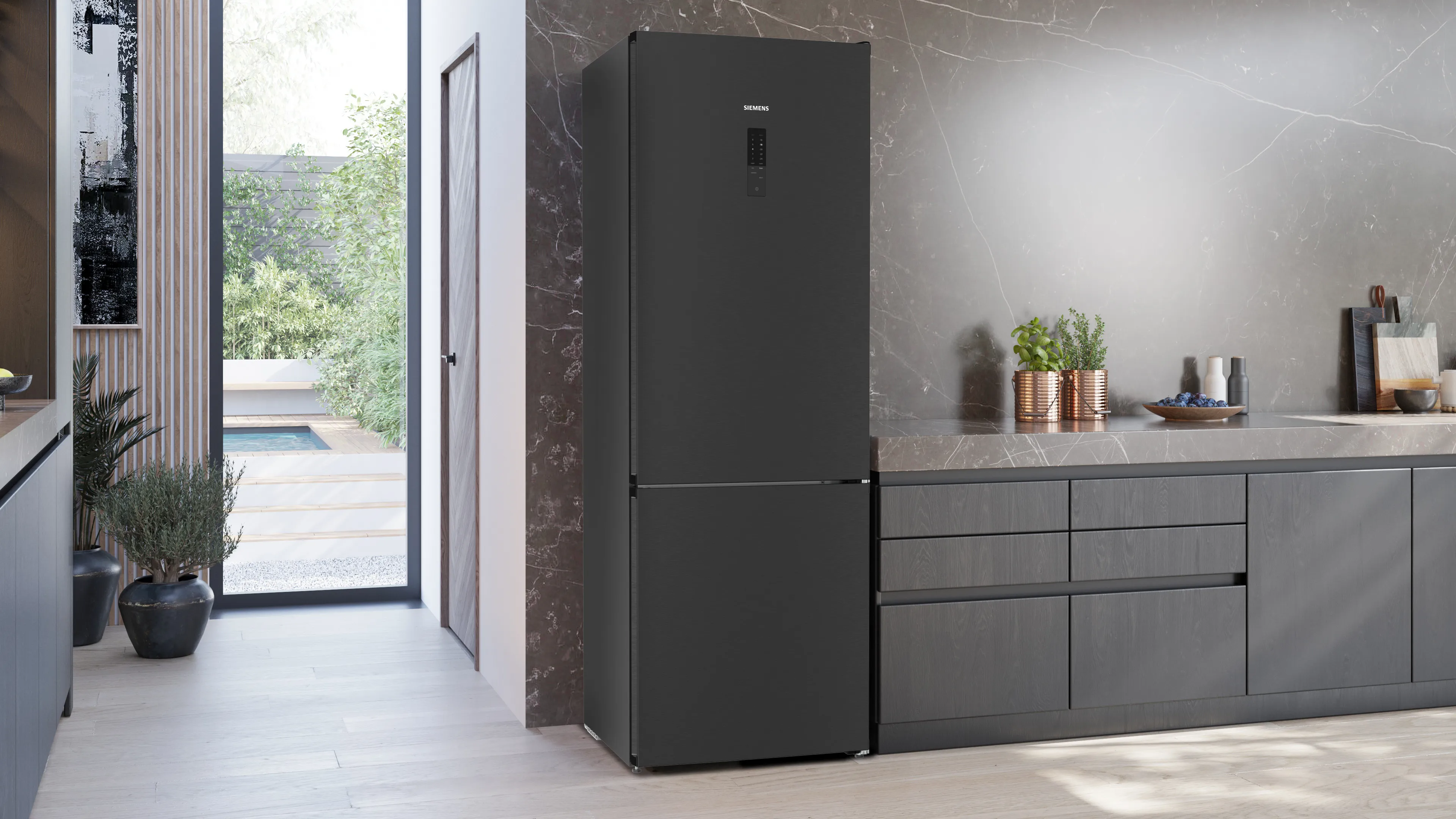 SIEMENS KG49NXXCF iQ300 Free-standing fridge-freezer with freezer at bottom 203 x 70 cm Brushed black steel antiFingerprint. Total noFrost