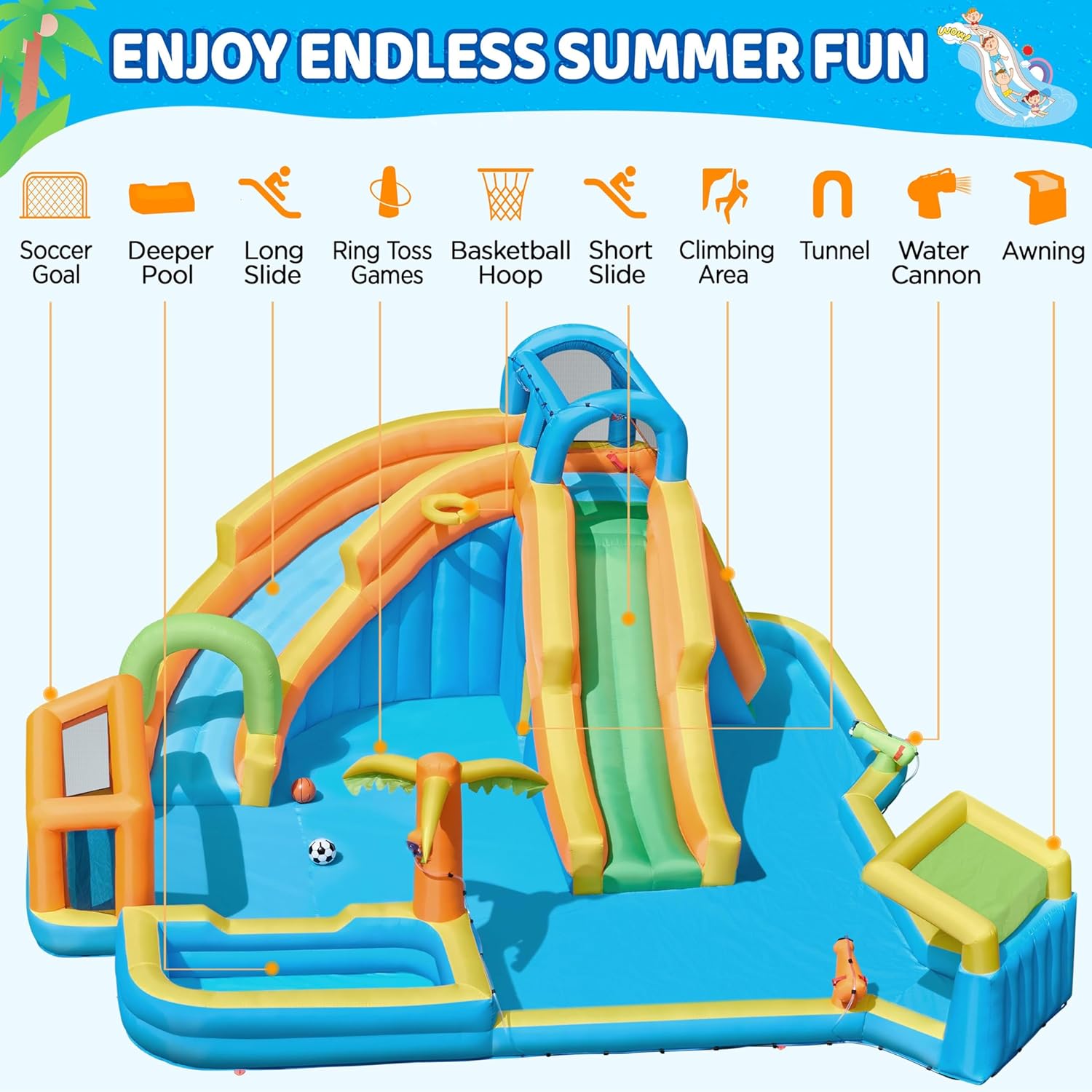 Yaheetech Inflatable Water Slide w/ 2 Long Slides & Large Climbing Wall & Small Deeper Pool & Awning, 11-in-1 Outdoor Blow Up Water Slide w/Storage Bag & 950W Blower