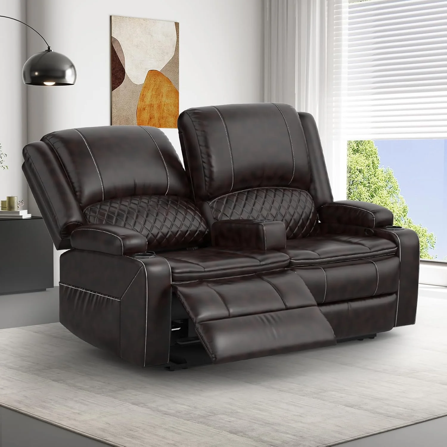 The two-seater sofa is adjustable. It features a semi-automatic relaxation function, a relaxation chair cover, an internal tray stand on the control console, dual USB ports, and side pockets