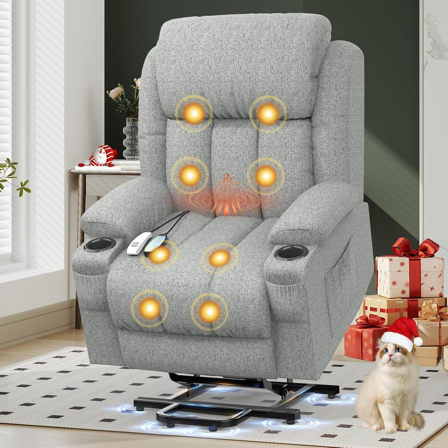 TV armchair, massage armchair, electric relaxation armchair with lounge chair function, stand up assist, massage heating, foot section, beverage rack, 4-side pocket, C-shaped and USB interface TV armchair lounge