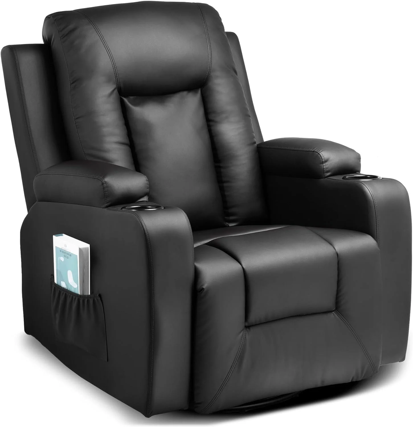 The LUCKRACER relaxation chair features a TV chair with a lounge chair and a footstool, a 360° rotating TV chair for the living room, a rocking chair with a drink rack, and two side pockets in black PU leather