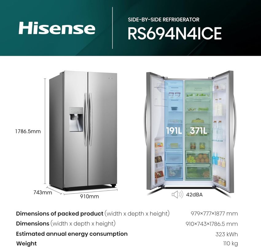 Hisense RS694N4ICE Freestanding American Side-by-Side Fridge Freezer - Total No Frost - Plumbed Water and Ice Dispenser - 562 liters - Stainless Steel - E Rated Energy Class E