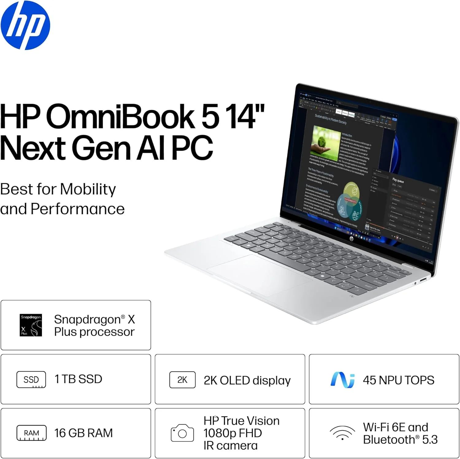 HP OmniBook 5 14 inch Next Gen AI PC, OLED Display, Snapdragon X Plus X1P-42-100, 16 GB RAM, 1 TB SSD, Qualcomm Adreno GPU, Windows 11 Home, Copilot+ PC, Glacier Silver, 14-he0099nr