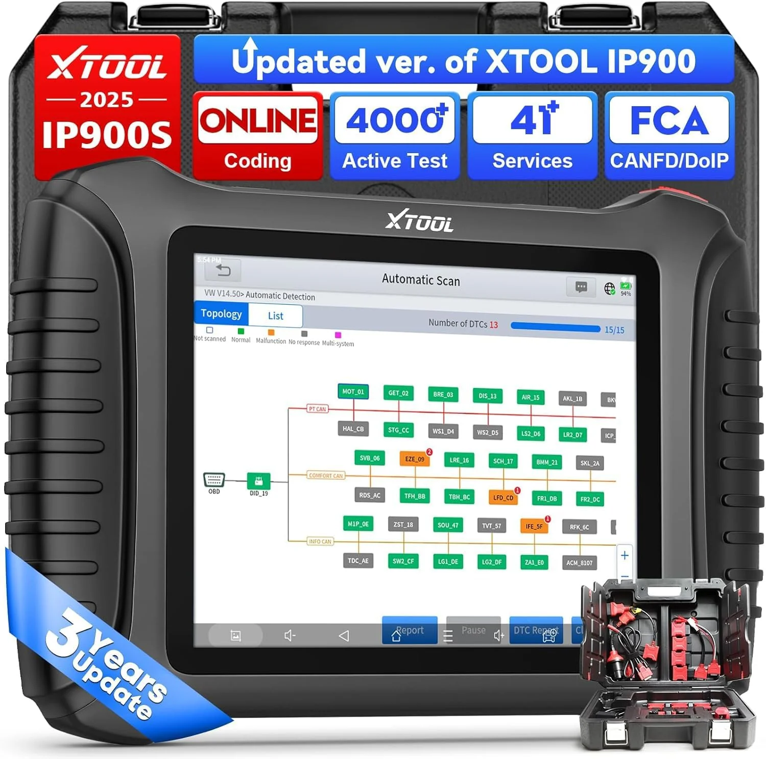 XTOOL IP900S Bidirectional Scan Tool with Topology Mapping, 41+ Maintenance Service, ECU C0ding, PMI Function, FCA AutoAuth, Pre & Post Scan, All System OBD2 Scanner Diagnostic Tool with 3-Year Update