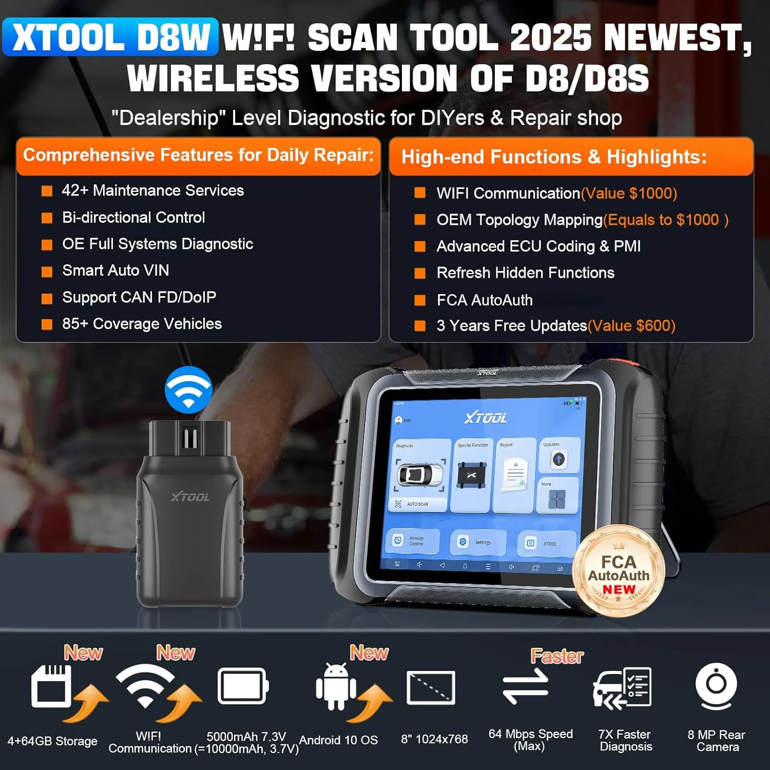 XTOOL D8W Wireless Bidirectional Scan Tool, 2025 OBD2 Scanner with Topology, FCA AutoAuth, 3-Year Updates, ECU C0ding, PMI, 42+ Resets, Full Diagnostic Scanner for Car, Crankshaft Relearn, CAN FD/DoIP