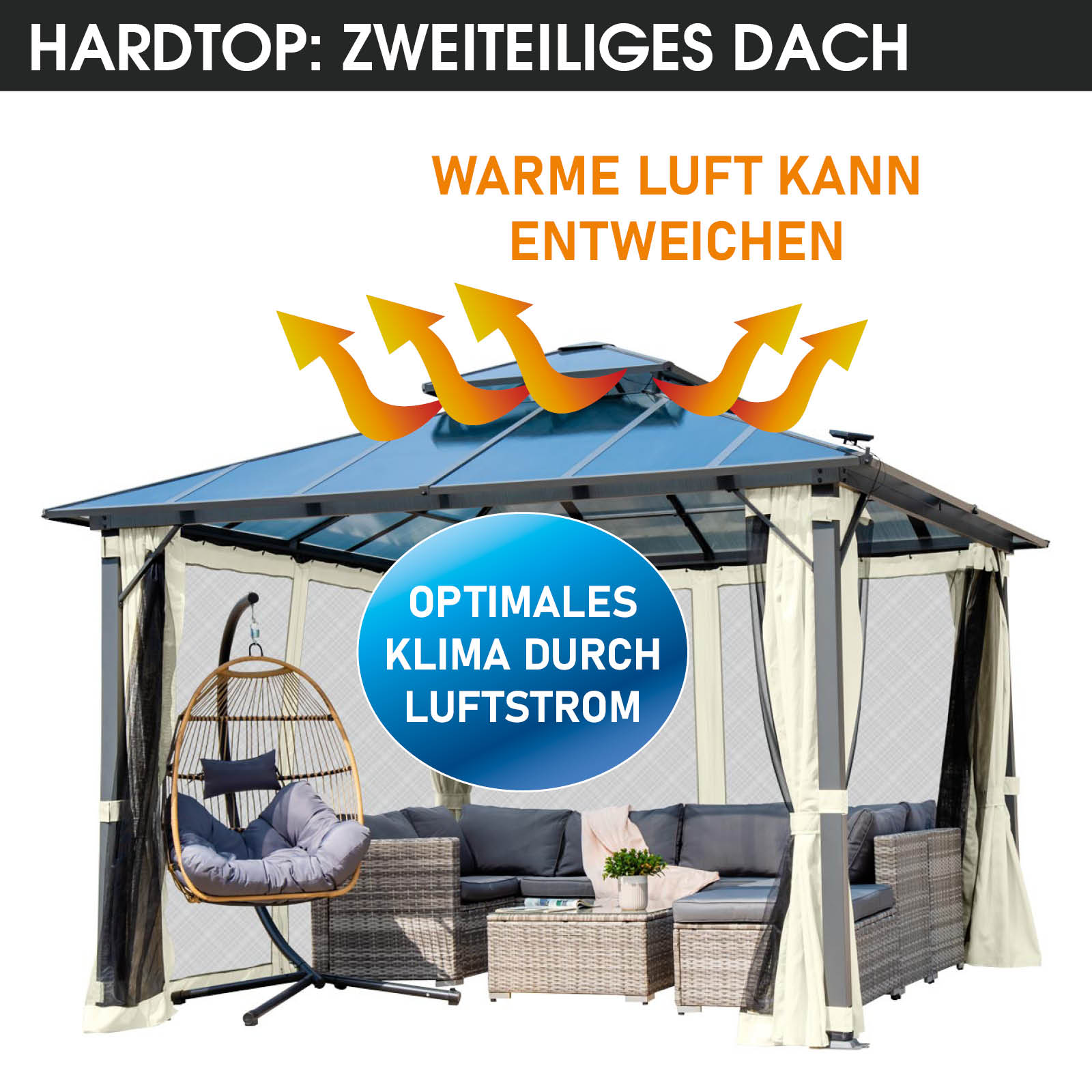 BRAST Alu Pavillon PAGODE 4x4m beige mit Moskitonetz & LED-Beleuchtung