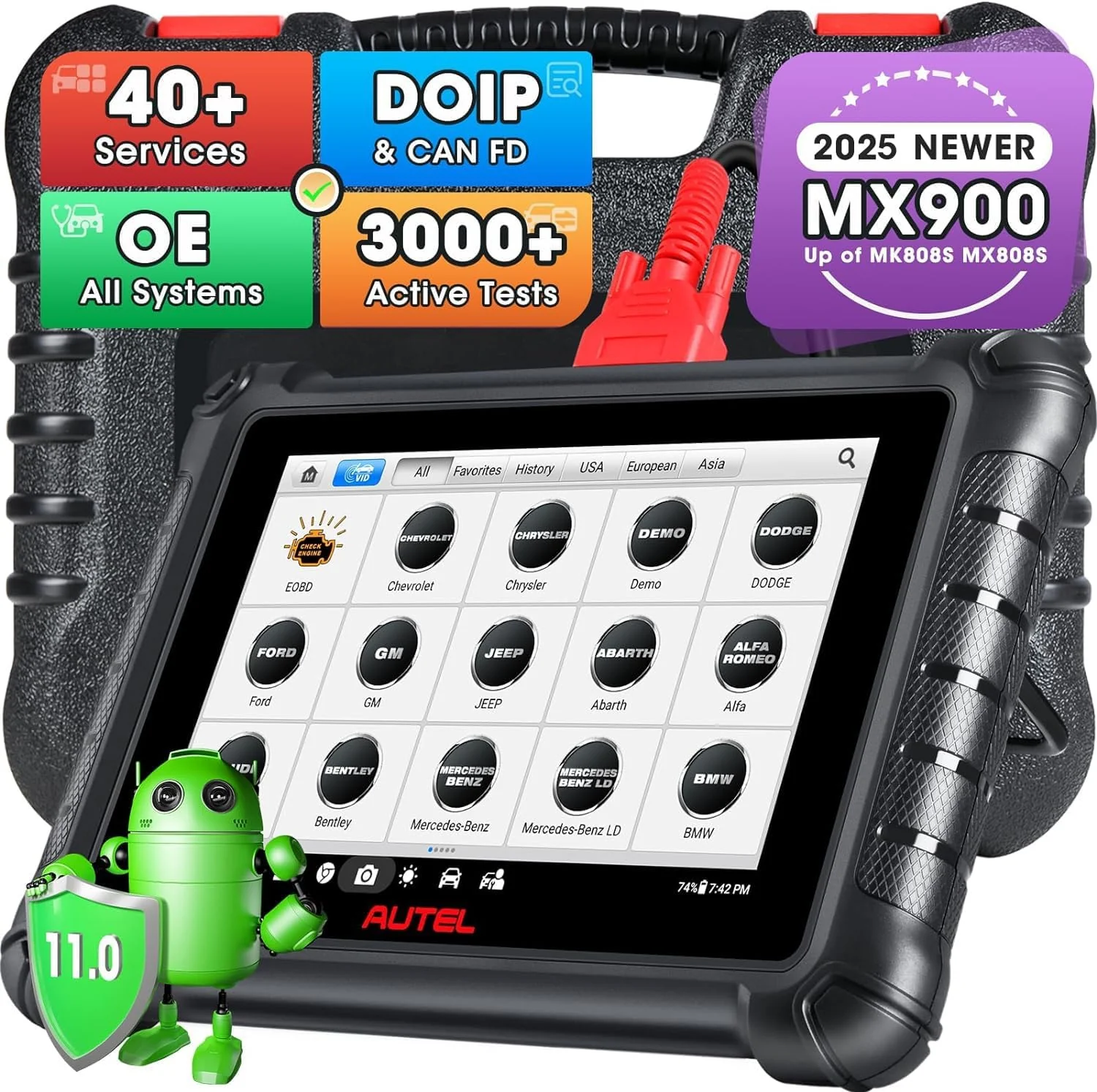 Autel MaxiCheck MX900 Scanner, 2025 Bidirectional Diagnostic Scan Tool Same as MK900 MK900BT, 8in Up of MaxiCOM MK808S MX808S MK808BT PRO, CAN FD DoIP, 3K+ Active Tests, 40+ Services, All Systems, FCA