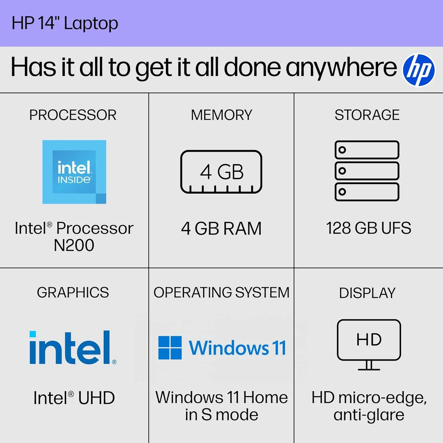 HP 14 inch Laptop, HD Display, Intel Processor N200, 4 GB RAM, 128 GB UFS, Intel UHD Graphics, Windows 11 Home in S Mode, Natural Silver, 14-ep0500nr