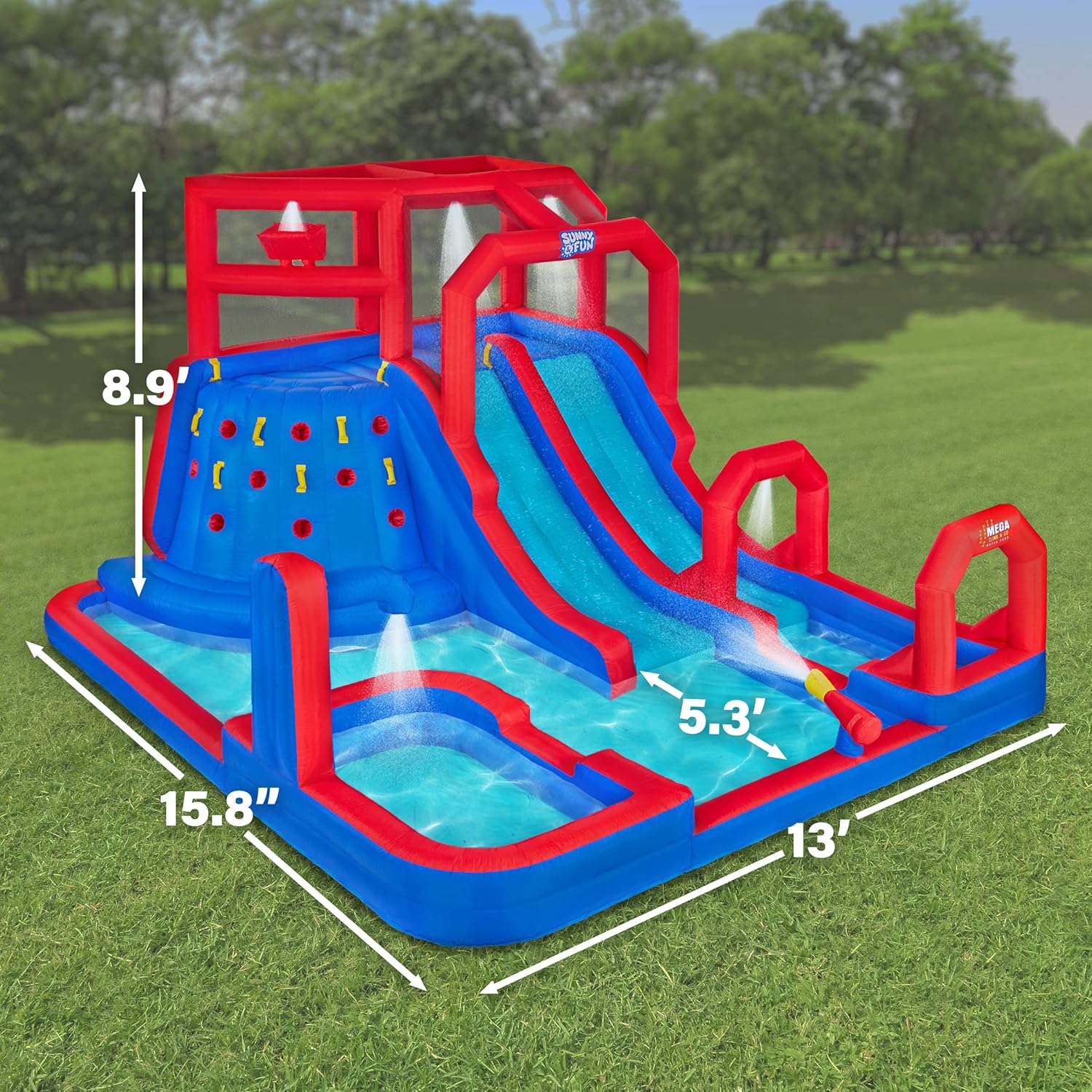Sunny & Fun Mega Climb N' Go Inflatable Water Slide Park – Heavy-Duty for Outdoor Fun - Climbing Wall, 2 Slides, Splash & Deep Pool – Easy to Set Up & Inflate with Included Air Pump & Carrying Case