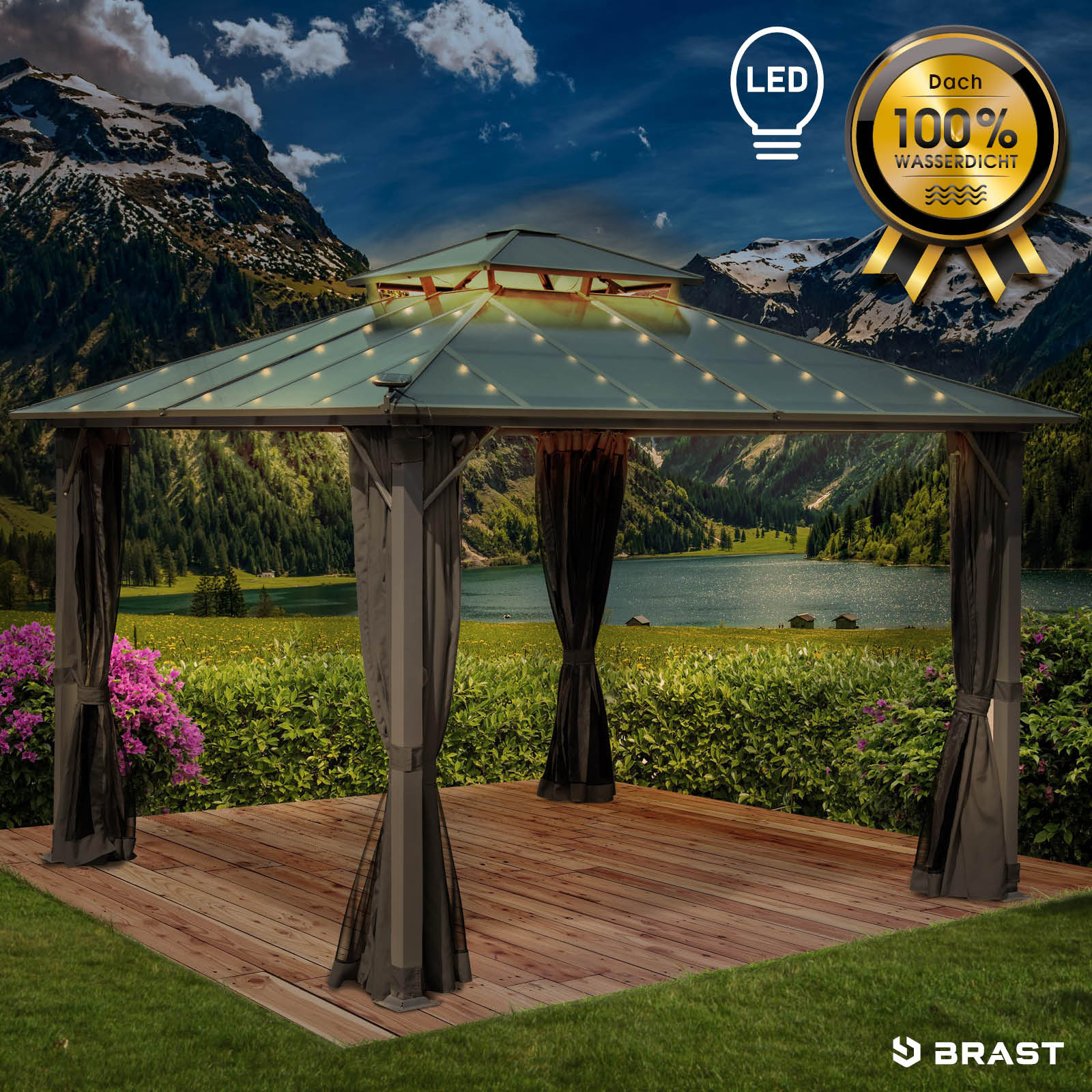 BRAST Alu Pavillon PAGODE 3,5x3,5m beige mit Moskitonetz & LED-Beleuchtung