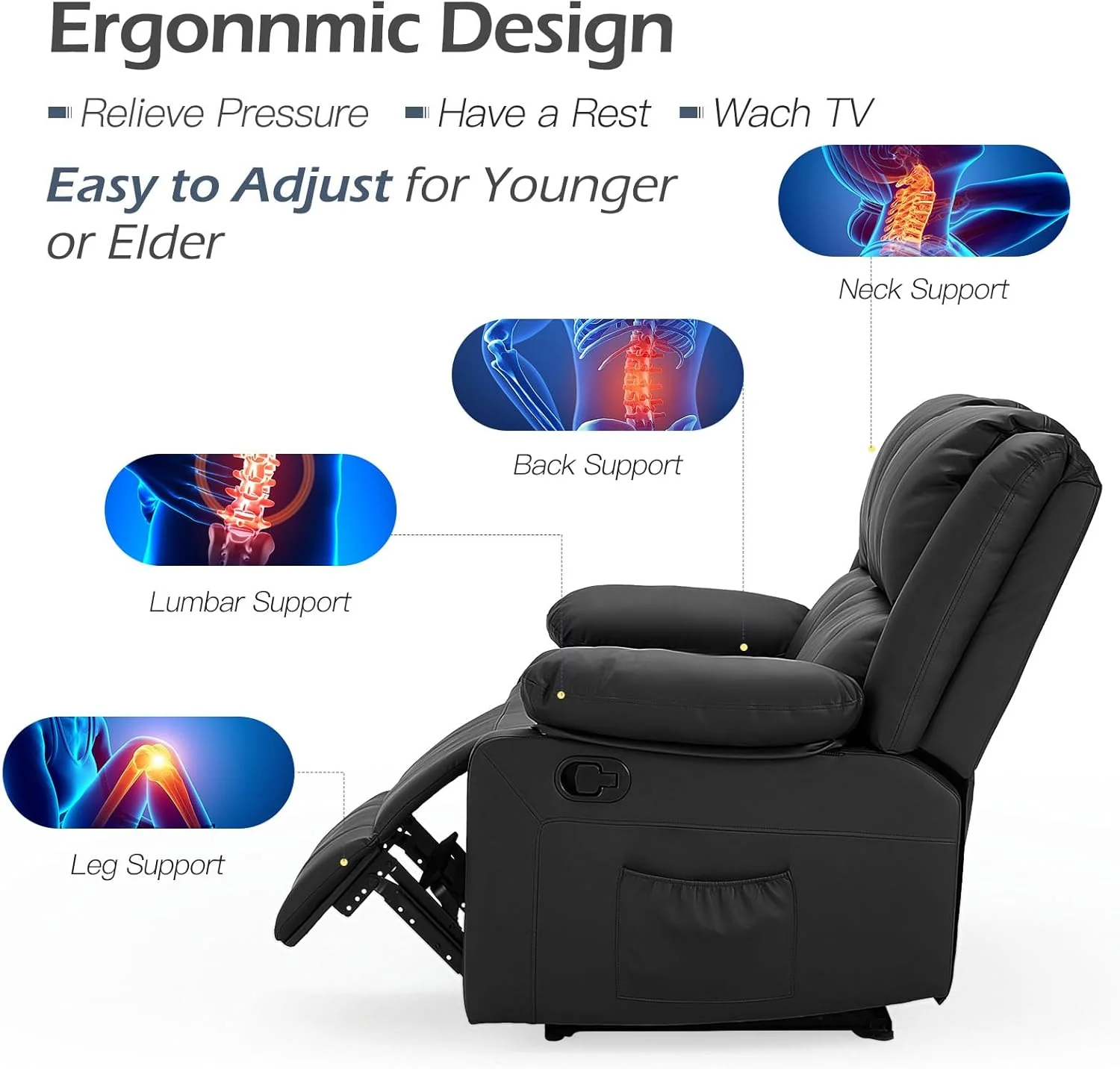 UNIONLINE lounge chair, an ergonomic TV armchair that can weigh up to 150 kilograms, a modern single artificial leather armchair with manual control, side pockets, and feet (black)
