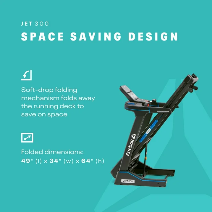 Reebok Jet 300 Series Treadmill with Incline, Foldable, Bluetooth, Walking or Running, 2.5 HP, 12.4 MPH, 308 lb. Capacity