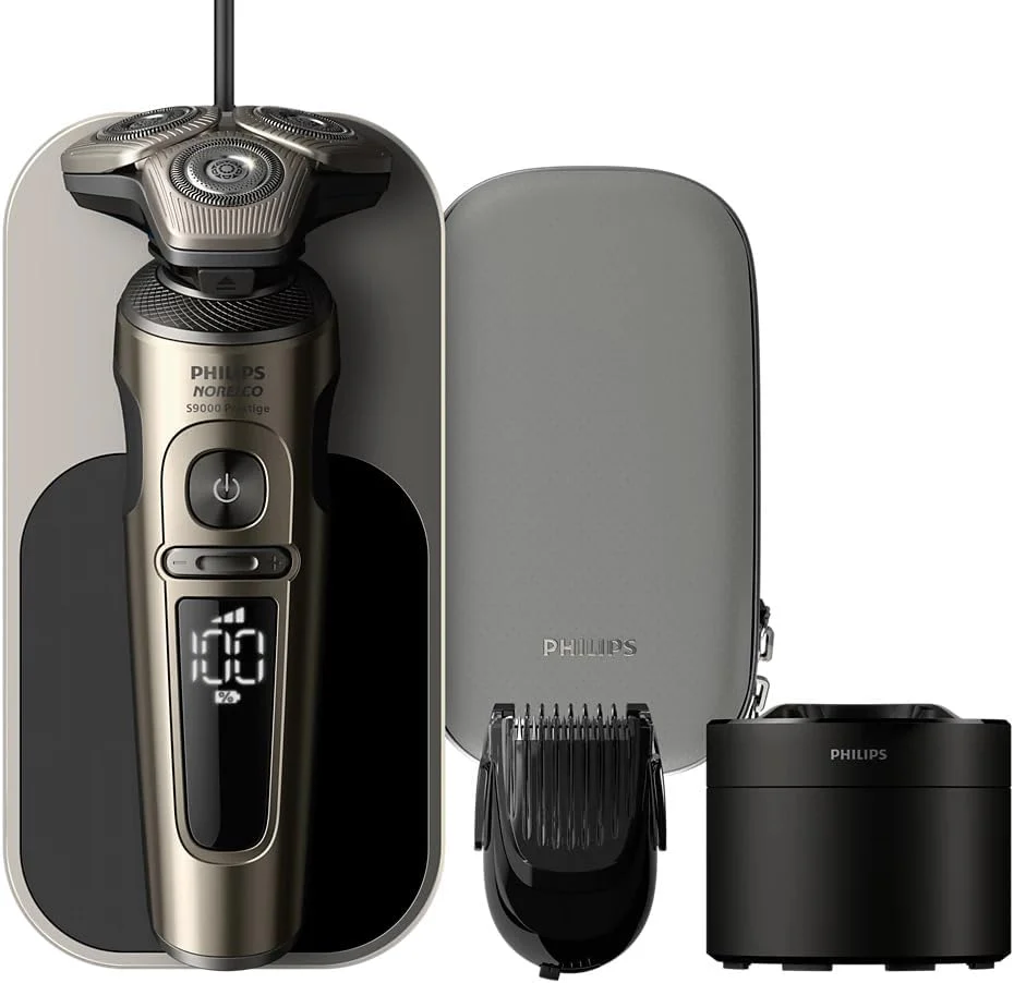 Philips Norelco S9000 Prestige Electric Shaver w/Qi Wireless Charging & Quick Clean Pod for Dry/Wet Use, SenseIQ Tech, Efficient, Fast Charge, One-Touch Open, Premium Case - Champagne Gold