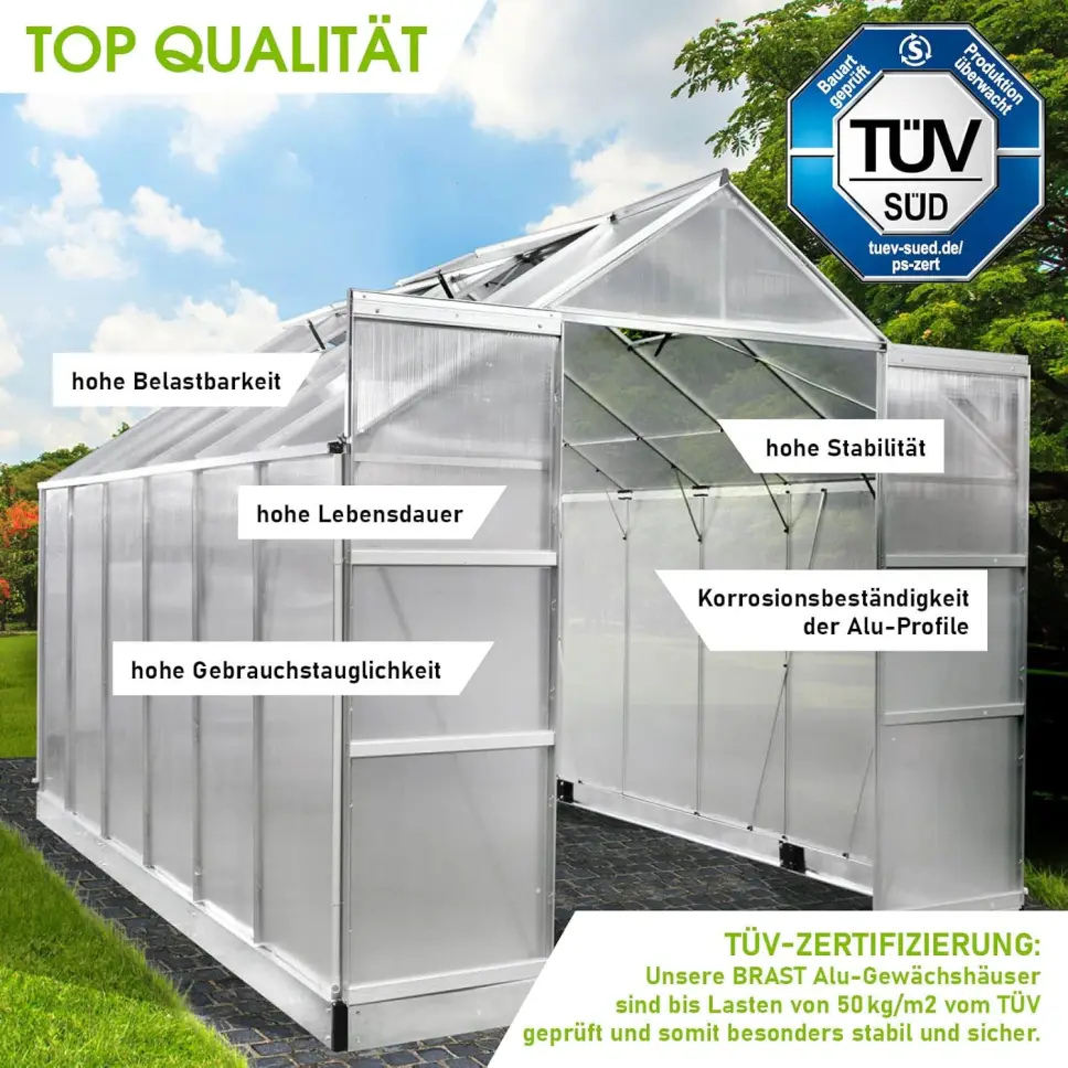 BRAST Aluminium Greenhouse with Base,380 x 250 x 235 cm, TÜV Tested, 6 mm Hollow Chamber Panels, Rustproof/Weatherproof/Temperature-Resistant