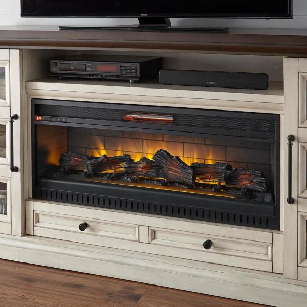 Cecily 72 in. Freestanding Electric Fireplace TV Stand in Antique White with Warm Charcoal Top Finish