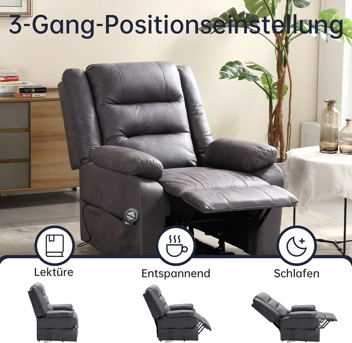 Electric TV chair with standing assistance, massage chair with heating function, adjustable remote control with lying function, sleep function and foot, weighing 220 kilograms, grey suede