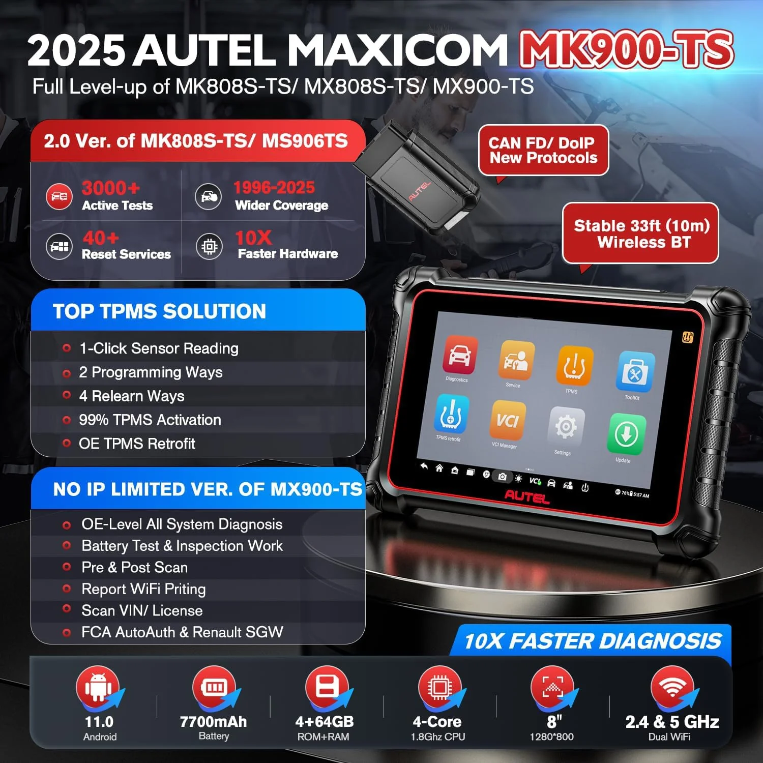 Autel Scanner MaxiCOM MK900TS, 2025 8IN MK900-TS with DoIP/CAN FD 40+ Service, Up of MK900BT MK900 MK808S-TS TS900, Top TPMS Programming, Bidirectional OBD2 Diagnostic Tool, 3000+ Active Tests, FCA