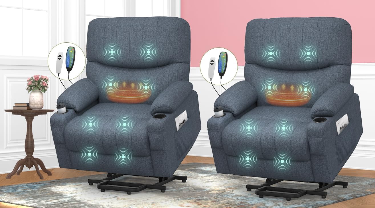 TV Armchair, relaxation armchair, Massage armchair Set 2, with heating function, standing assist, electrically adjustable relaxation armchair, TV armchair, with USB and C-shaped cup holder and bag