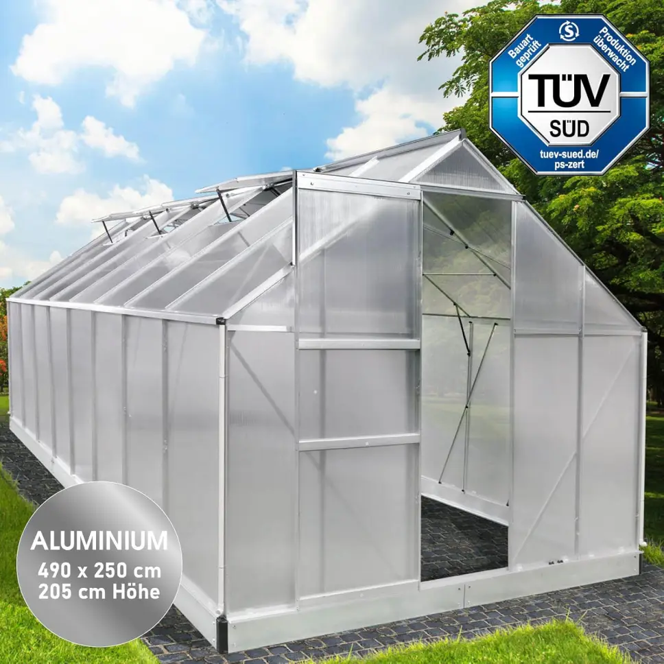 BRAST Aluminium Greenhouse with Base 490 x 250 x 205 cm, TÜV Tested, 6 mm Hollow Chamber Panels, Rustproof/Weatherproof/Temperature-Resistant