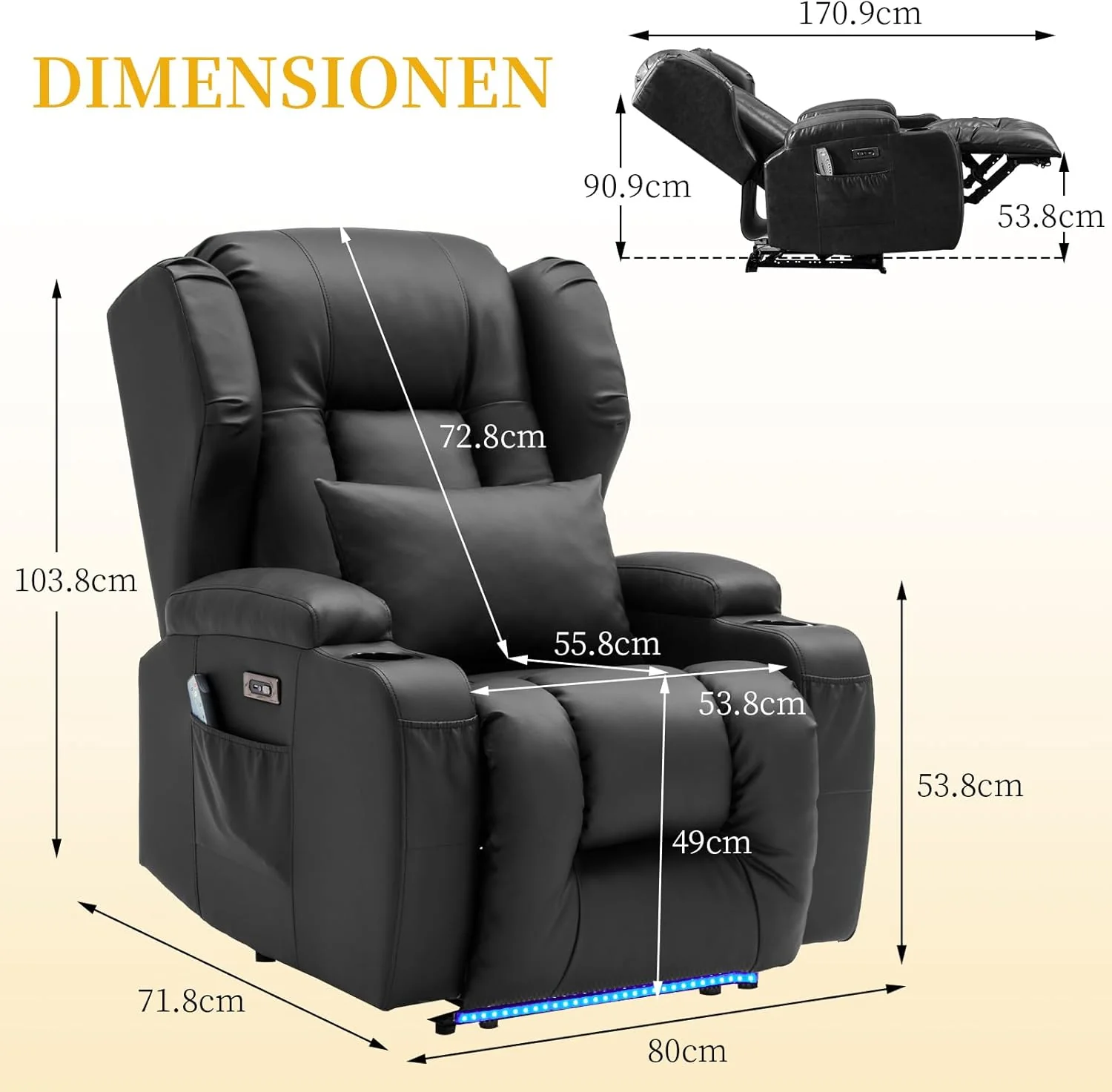SAMERY relaxation chair, electric massage chair, lounge chair, vibration heating, relaxation chair and lounge chair with LED/USB, cinema armchair, TV armchair, living room bedroom, black 7815