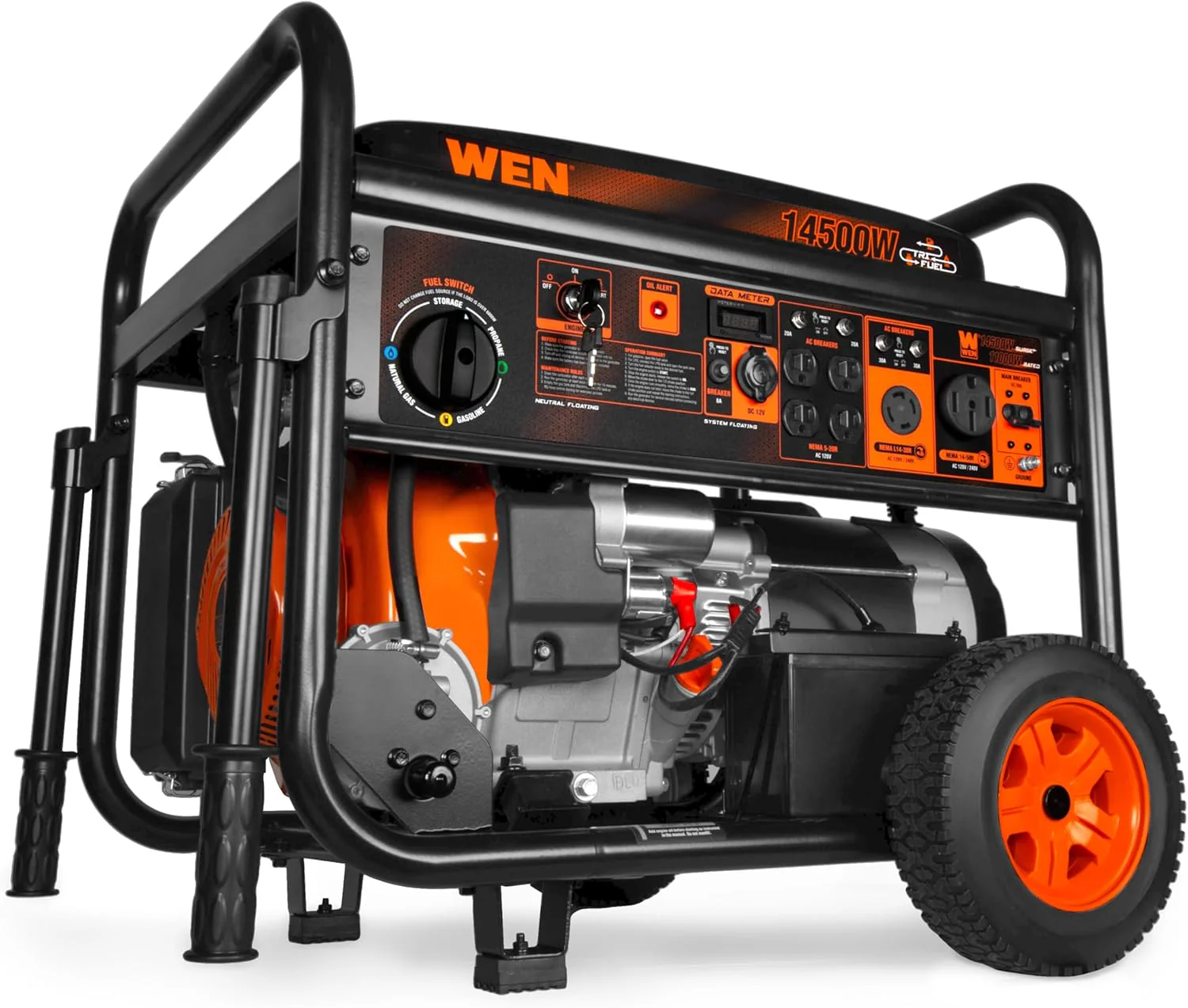 WEN 14,500-Watt 120V/240V Tri-Fuel Generator for Gas, Propane, and Natural Gas, Transfer-Switch Ready with Electric Start, Wheel Kit, and CO Watchdog (TF1450X)