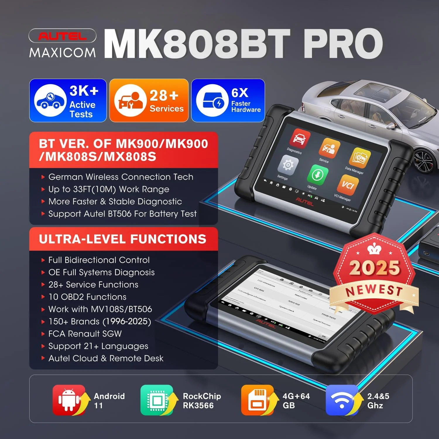 Autel Scanner MaxiCOM MK808BT PRO: 2025 Bidirectional Scan Tool Work as MK900BT, 33FT BT 2.0 Ver. of MK900 MX900 MK808S MaxiCheck MX808S MK808Z, 3K+ Active Tests, 28+ Services, OE Full Sys, OS 11, FCA
