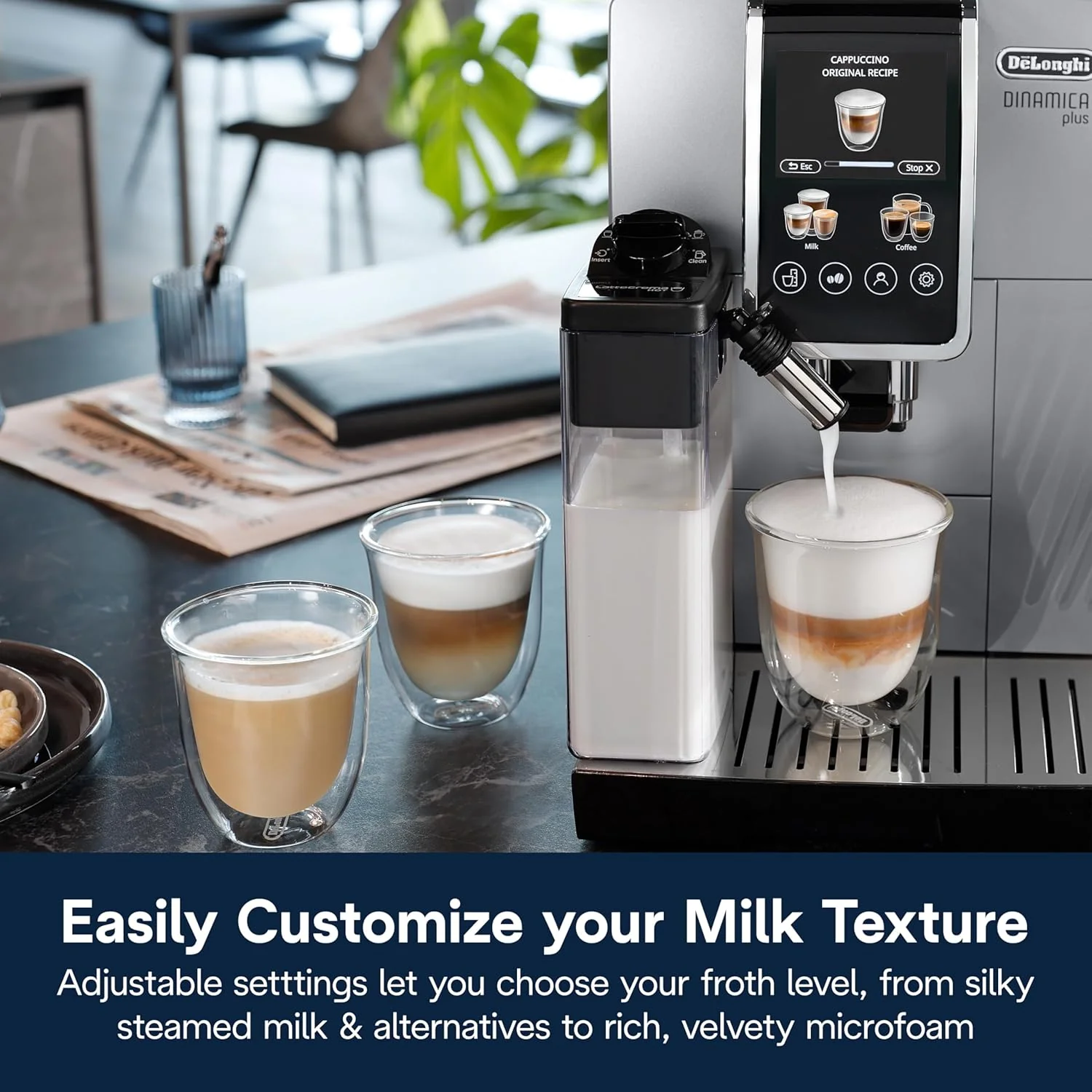 De'Longhi Dinamica Plus Fully Automatic Espresso Machine - Brew Personalized Coffee for up to 4 User Profiles, 24+ Recipes, Built in Grinder & Automatic Milk Steam Wand with 3 Frother Modes