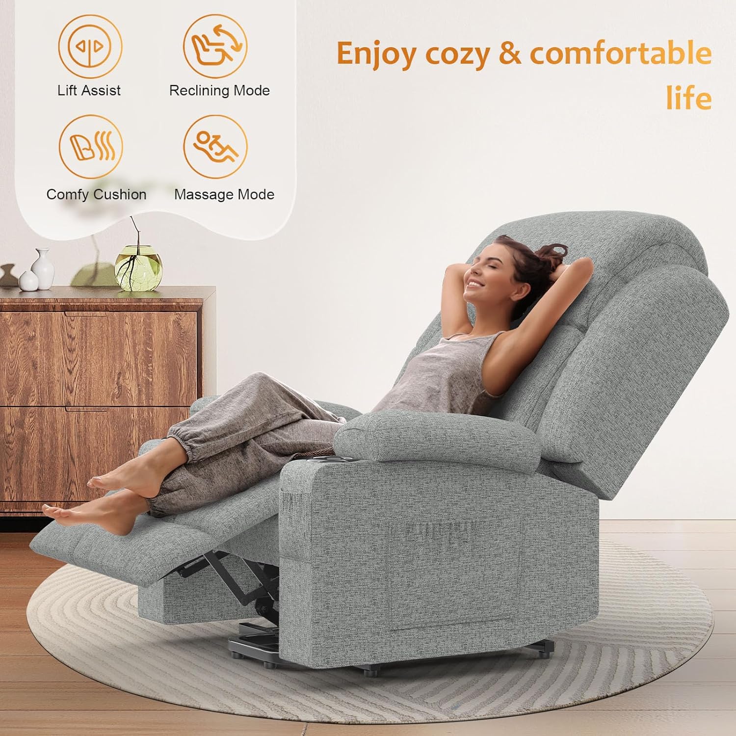 The TV armchair is electrically adjustable, featuring a standing-assisted massage armchair with massage heating function. It is an elderly armchair with 2 side pockets and a beverage rack, and is connected via USB+ c type
