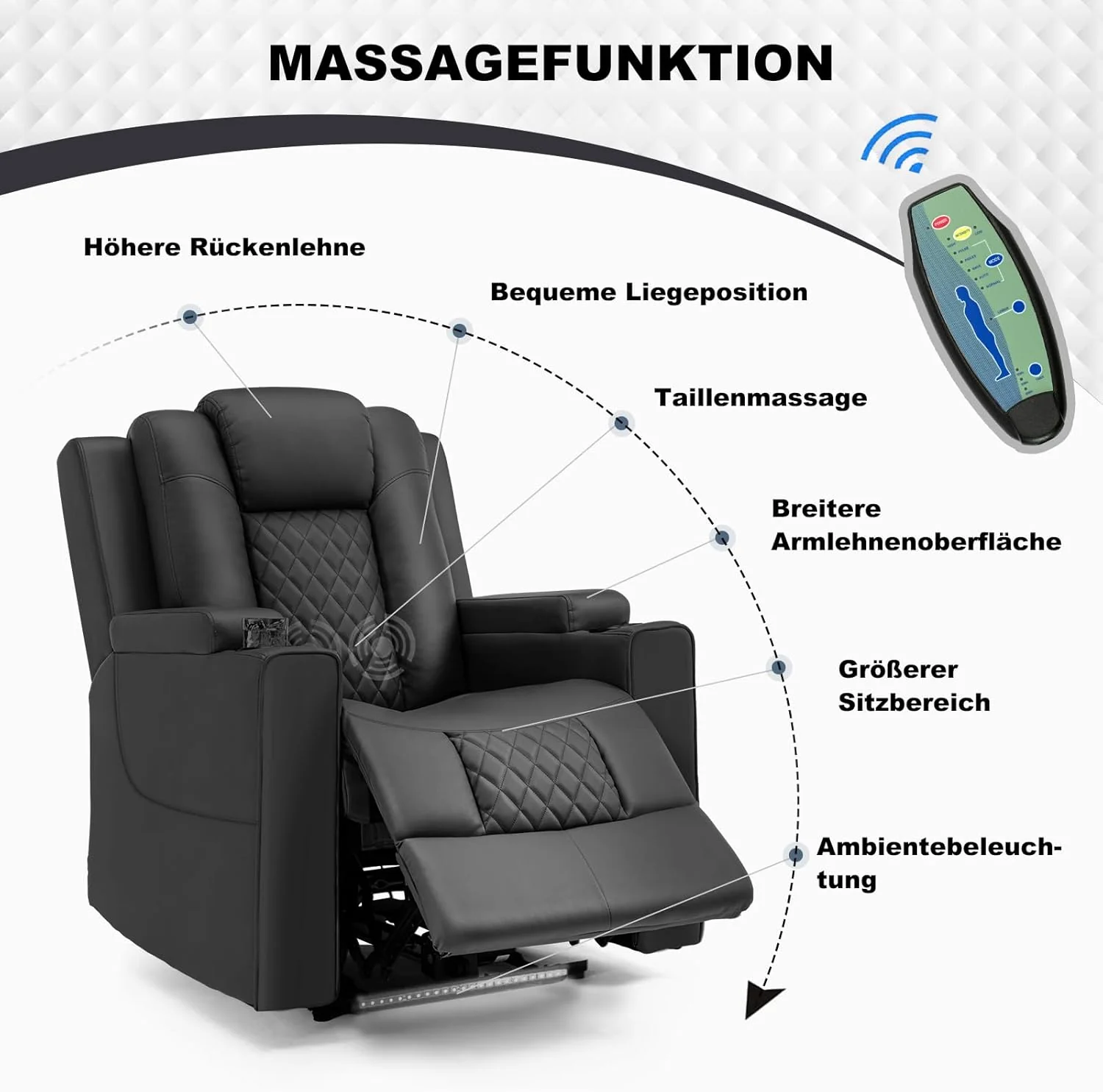 COMHOMA TV armchair, recliner with recliner, recliner with LED and recliner, adjustable 150-kilogram electric TV armchair, with massage function for living room, bedroom, home theater, black