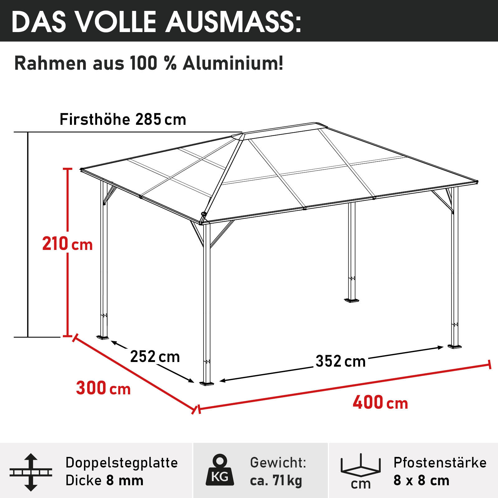 BRAST Alu Pavillon PREMIUM mit festem Dach 3x4m grau