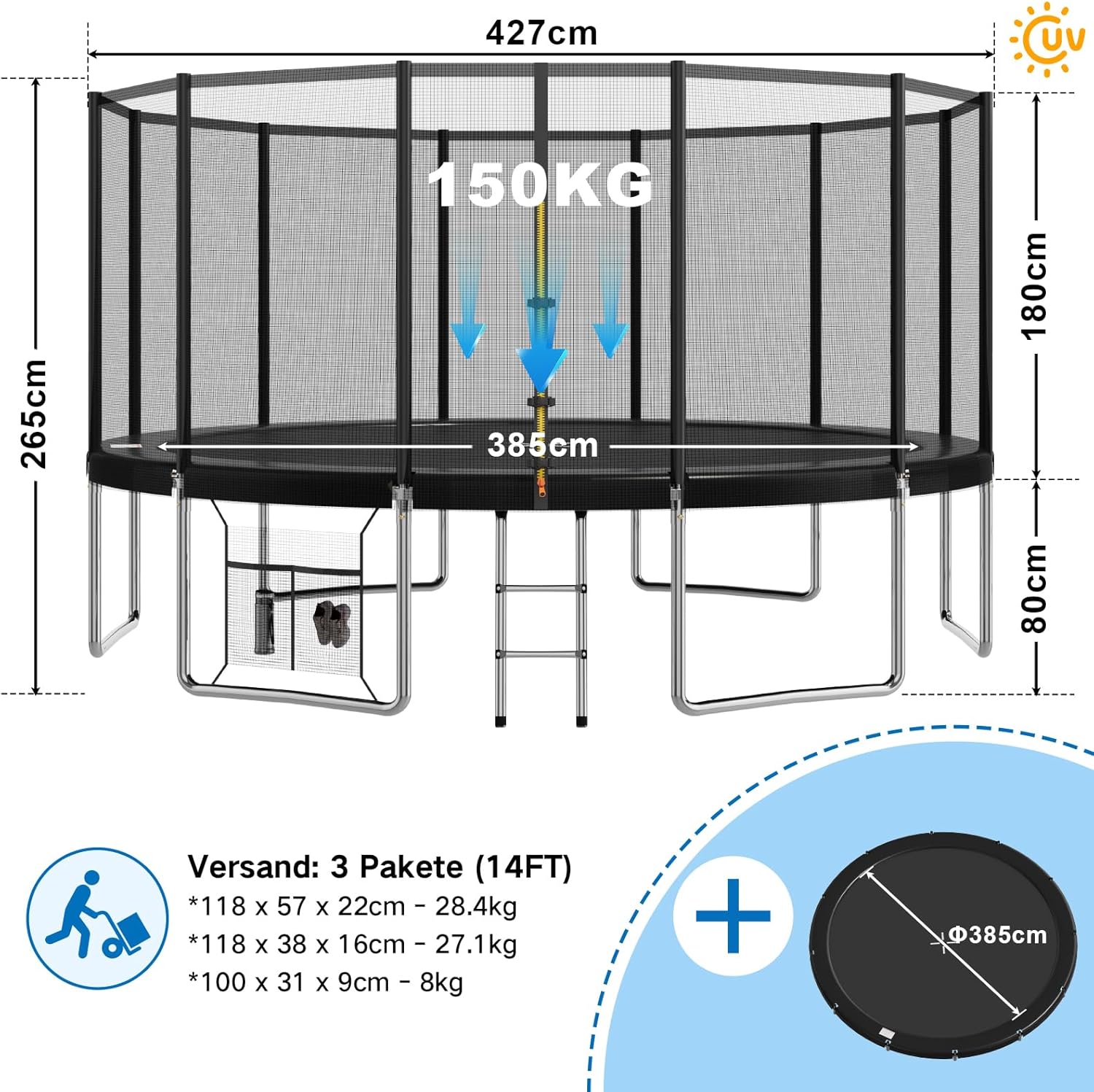 Devoko Trampolin Outdoor Ø 427 cm Indoor Trampolin Kinder Gartentrampoline, Komplettset mit Schuhnetz, Leiter, Randabdeckung, Sicherheitsnetz, Belastbarkeit 150 kg