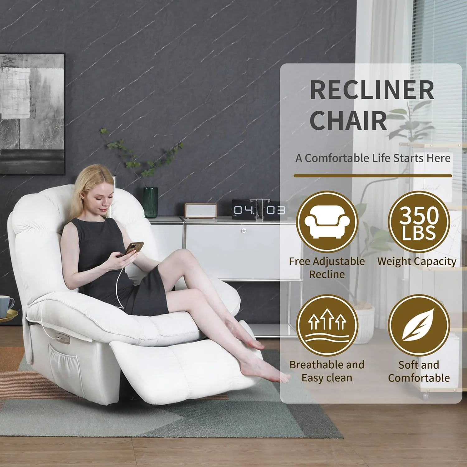 Electric, massage chair with charging and heating connection, TV chair, electrically adjustable living room, backrest and leg stool can be adjusted separately (white)