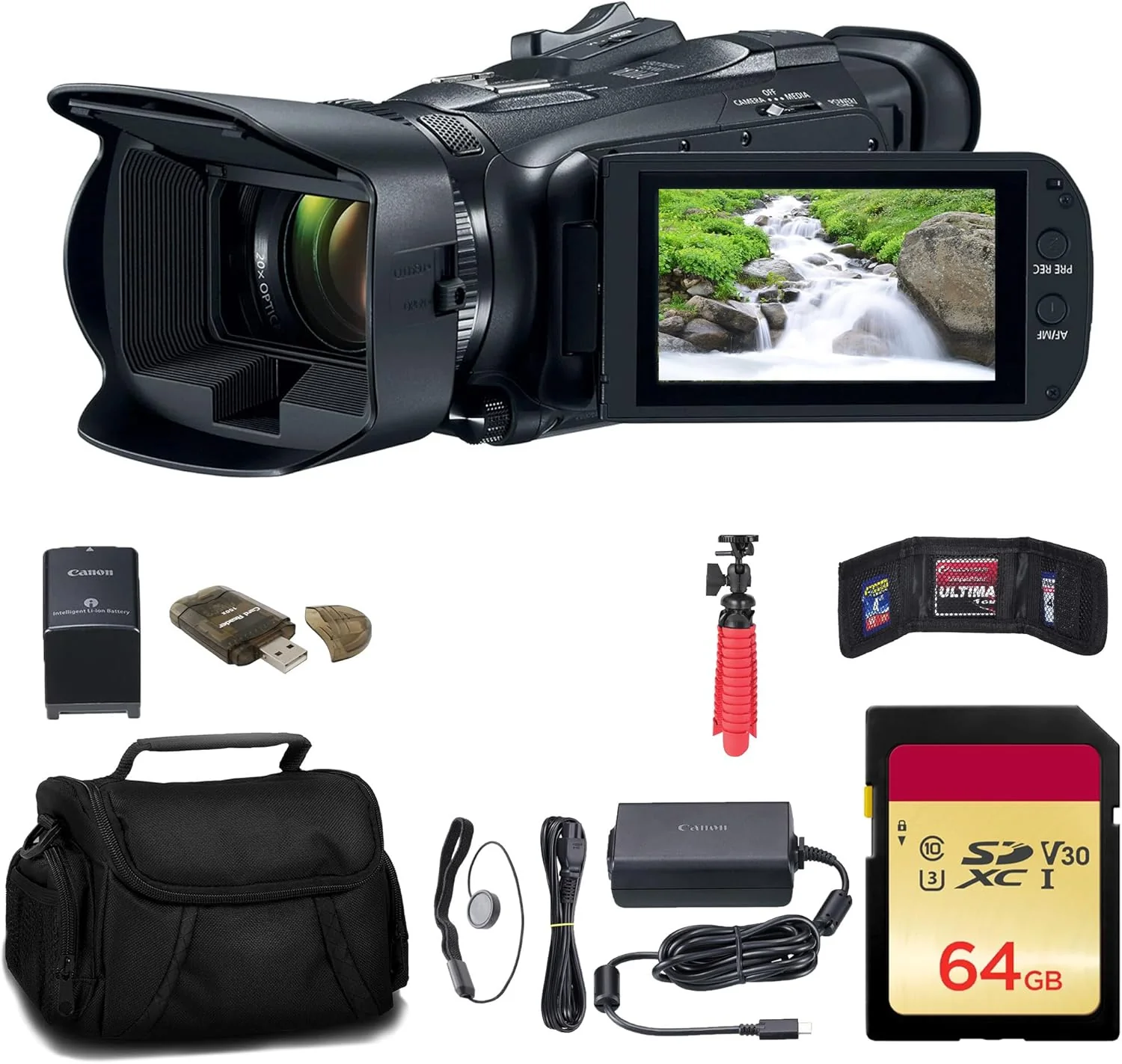 Canon Vixia HF G70 UHD 4K Camcorder (Black) (5734C002) + 64GB Memory Card + Bag + Card Reader + Flexible Tripod + Memory Wallet + Cap Keeper + Cleaning Kit (Renewed)