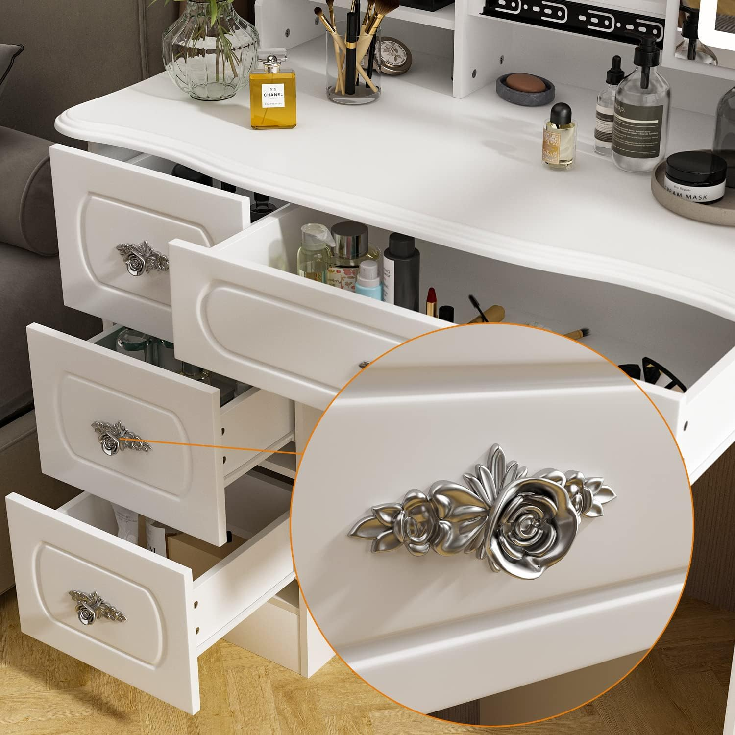 Large Vanity Table Set Makeup Vanity Dressing Table with Mirror, 4 Drawers & Shelves, Dresser Desk and Cushioned Stool Set