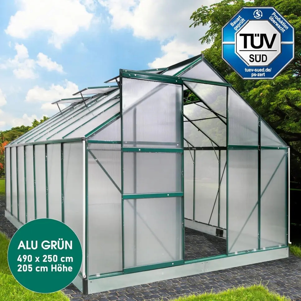 BRAST Aluminium Greenhouse with Base 490 x 250 x 205 cm, TÜV Tested, 6 mm Hollow Chamber Panels, Rustproof/Weatherproof/Temperature-Resistant