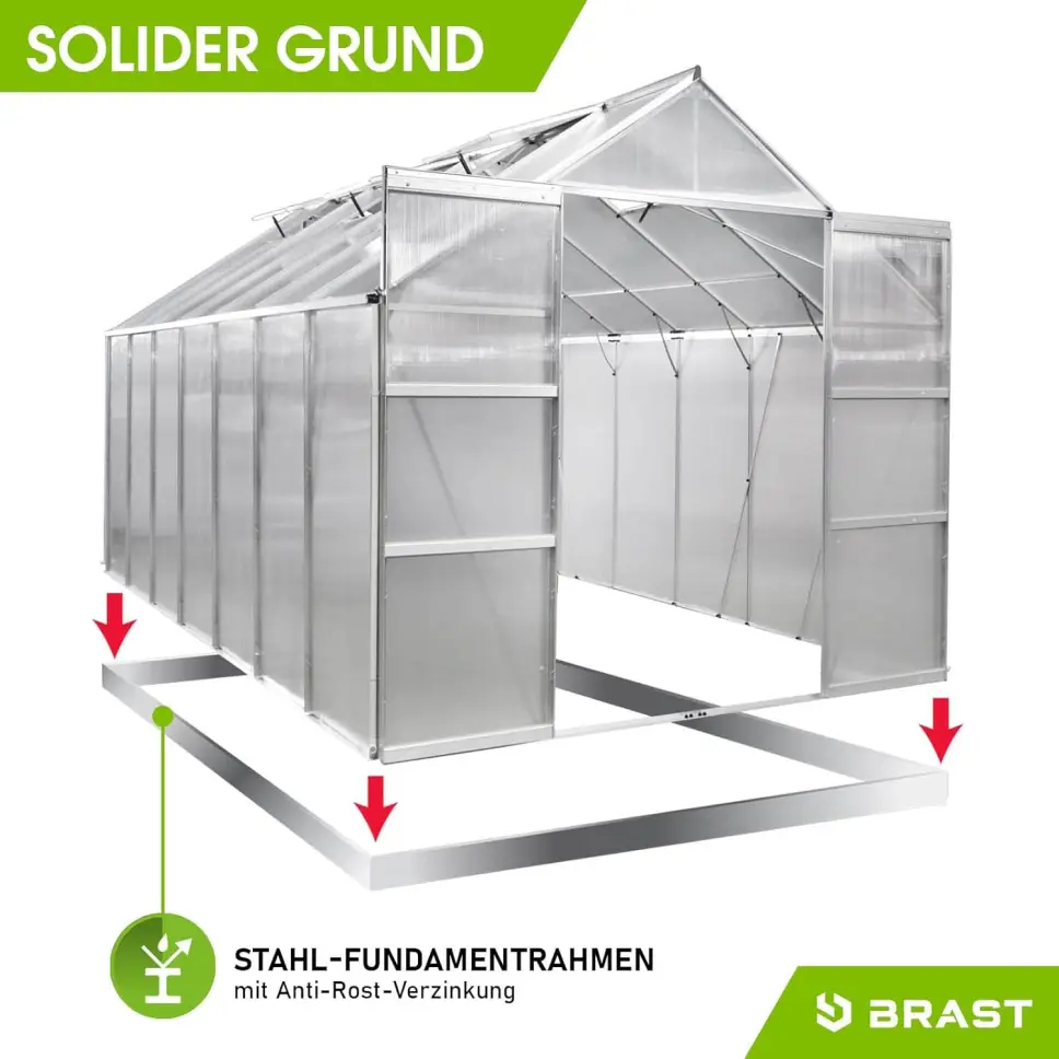BRAST Aluminium Greenhouse with Base 490 x 250 x 235 cm, TÜV Tested, 6 mm Hollow Chamber Panels, Rustproof/Weatherproof/Temperature-Resistant
