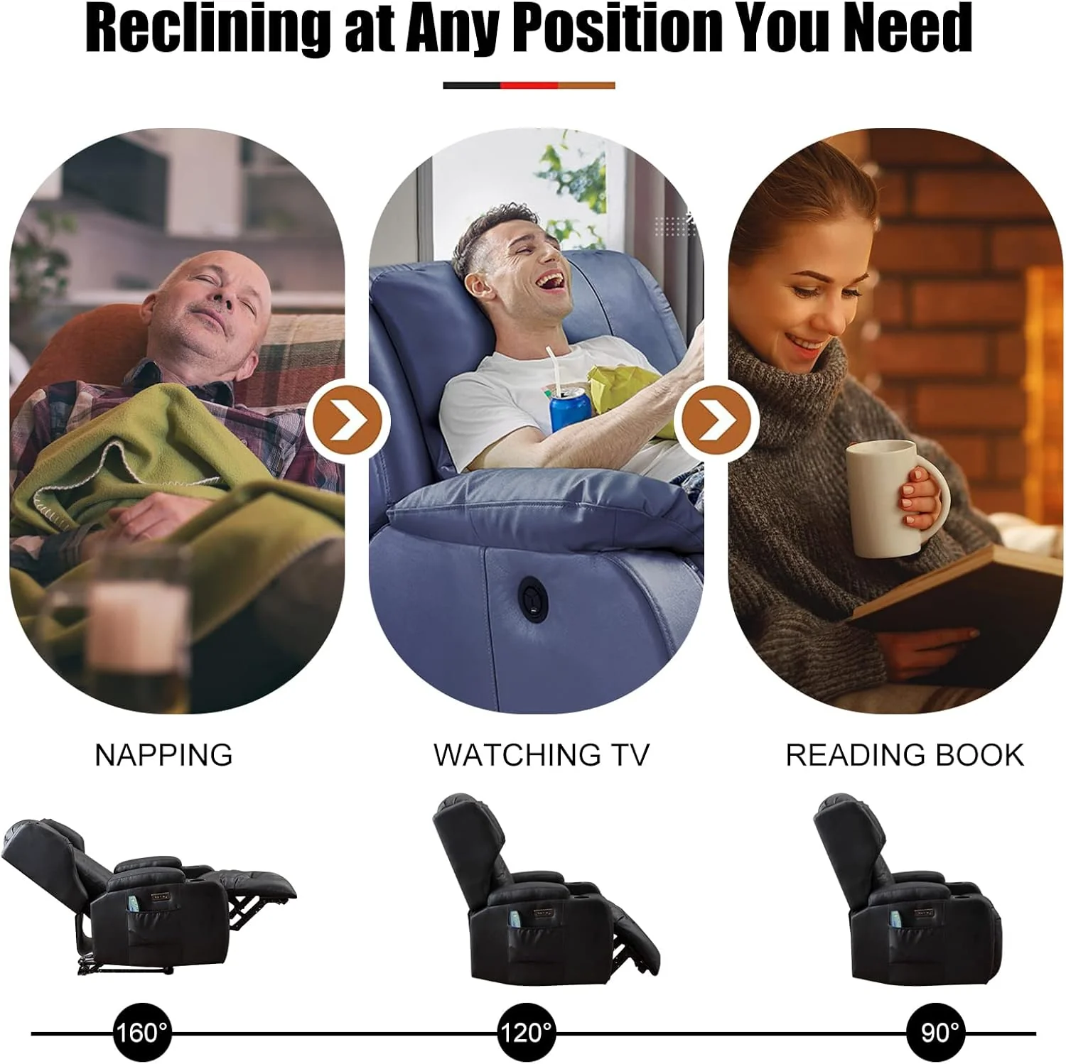 Artificial leather electrically adjustable lounge chair, movie armchair, lounge chair, massage and heating TV armchair, modern lounge chair, living room sofa, weighing 150 kilograms, black