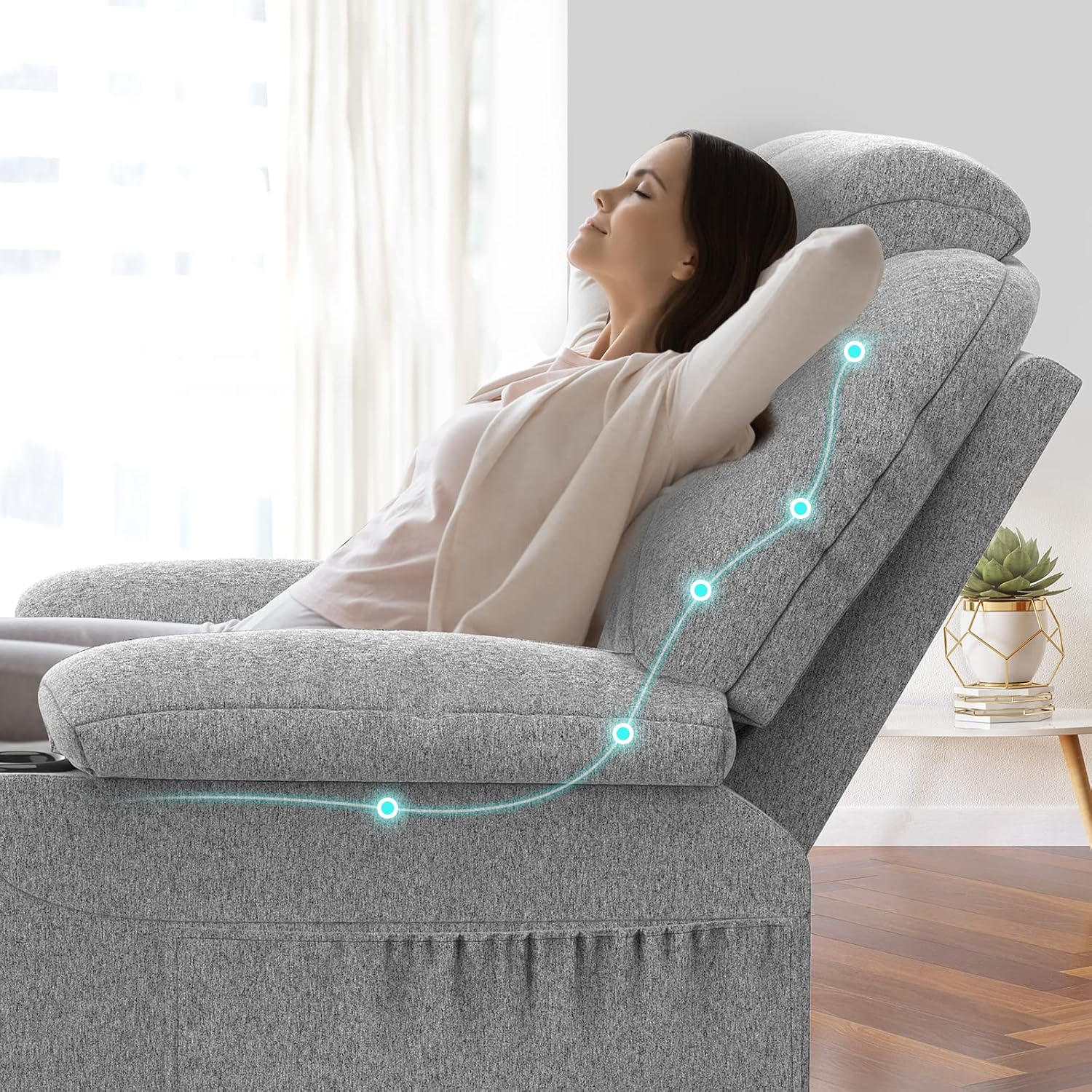 TV armchair is electrically adjustable, an auxiliary massage chair with massage heating function, a high-end armchair, a relaxation chair with feet, 2 side pockets and a drink rack, a USB interface, and is gray