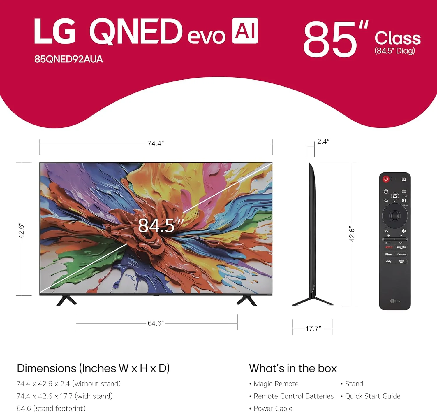LG 85-Inch Class QNED evo AI QNED92A Series Mini LED 4K Smart TV w/Dolby Atmos, Dolby Vision, HDR10, AI Super Upscaling 4K, Filmmaker Mode, Wow Orchestra, Alexa Built-in (85QNED92AUA, 2025)